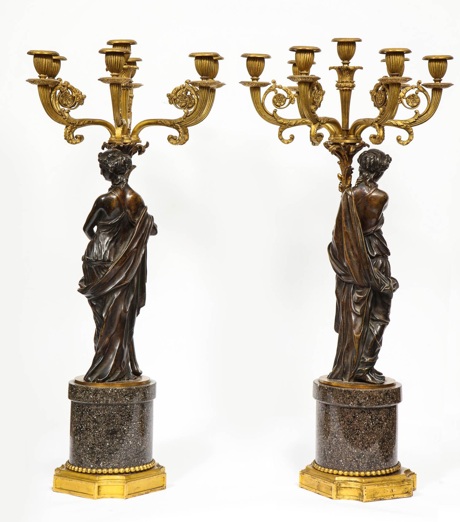 Large Pair of French Gilt and Patinated Bronze Candelabra on Swedish Porphyry 9