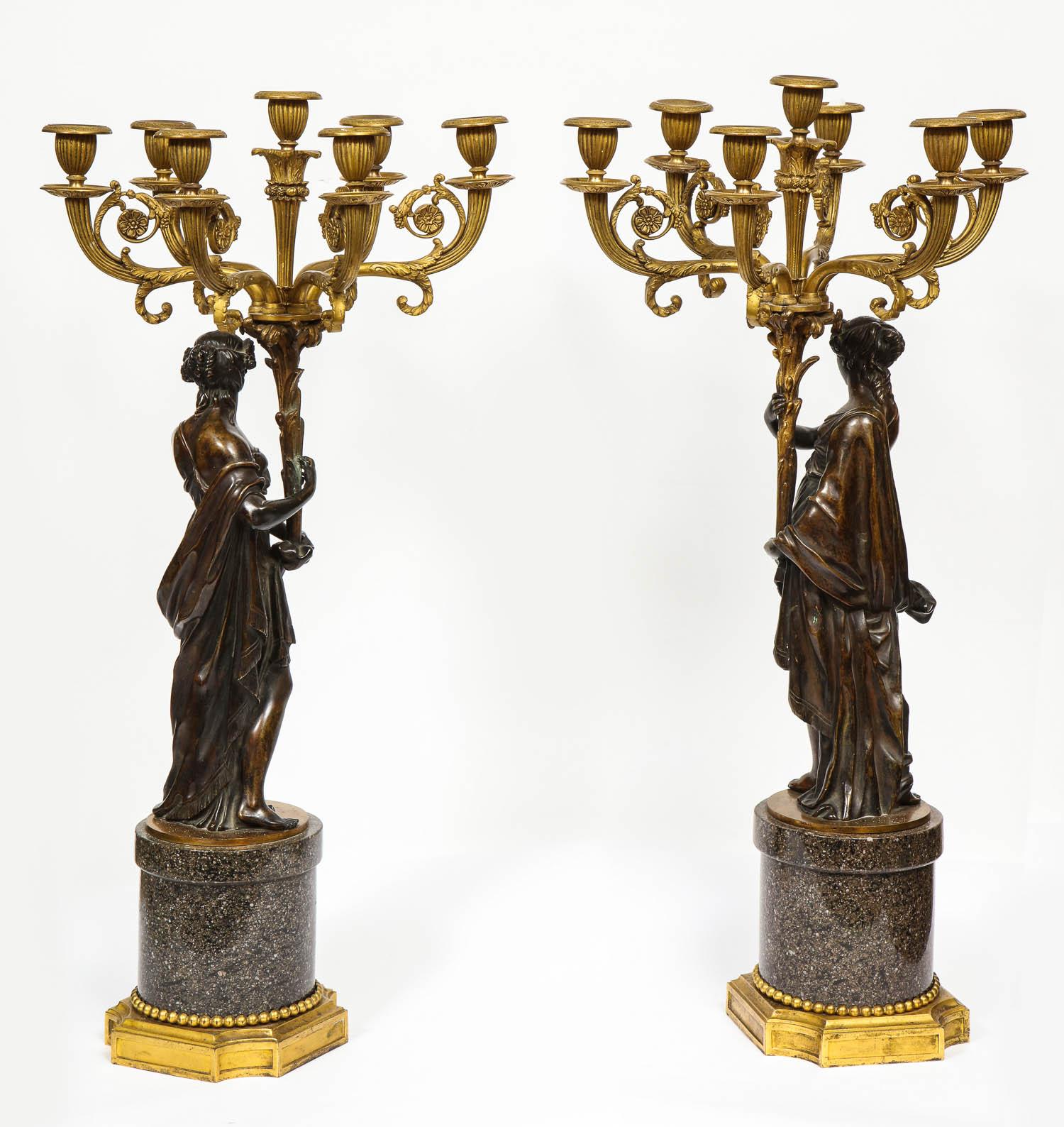 Large Pair of French Gilt and Patinated Bronze Candelabra on Swedish Porphyry 10