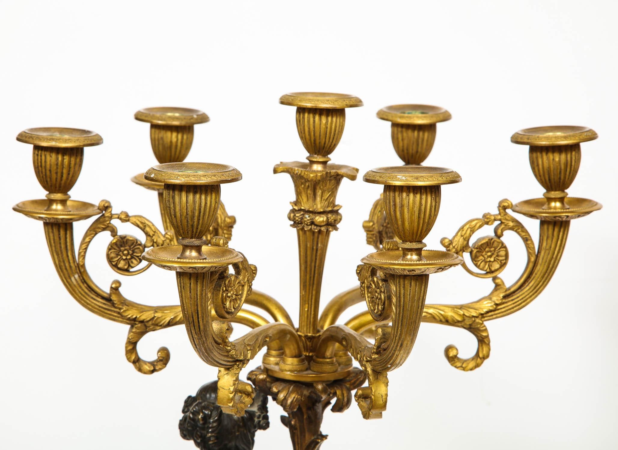 Large Pair of French Gilt and Patinated Bronze Candelabra on Swedish Porphyry 13