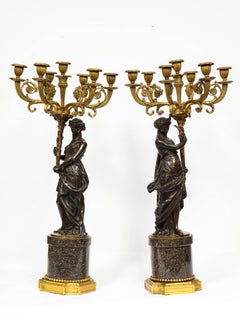Large Pair of French Gilt and Patinated Bronze Candelabra on Swedish Porphyry