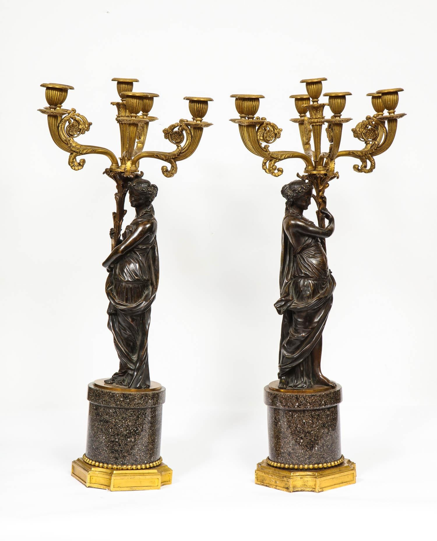 Baroque Large Pair of French Gilt and Patinated Bronze Candelabra on Swedish Porphyry