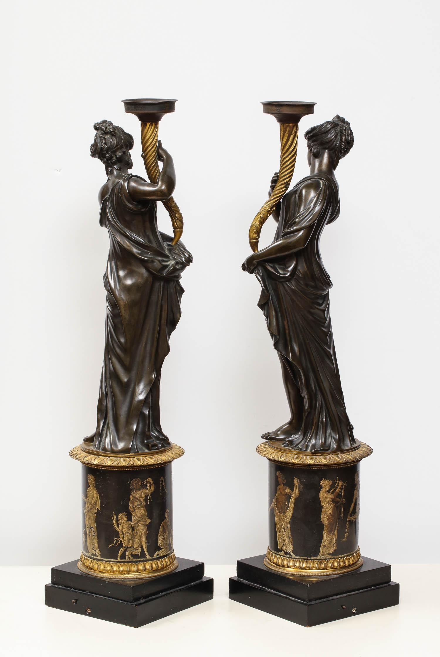 Large Pair of French Gilt and Patinated Bronze Figural Candleholders 6