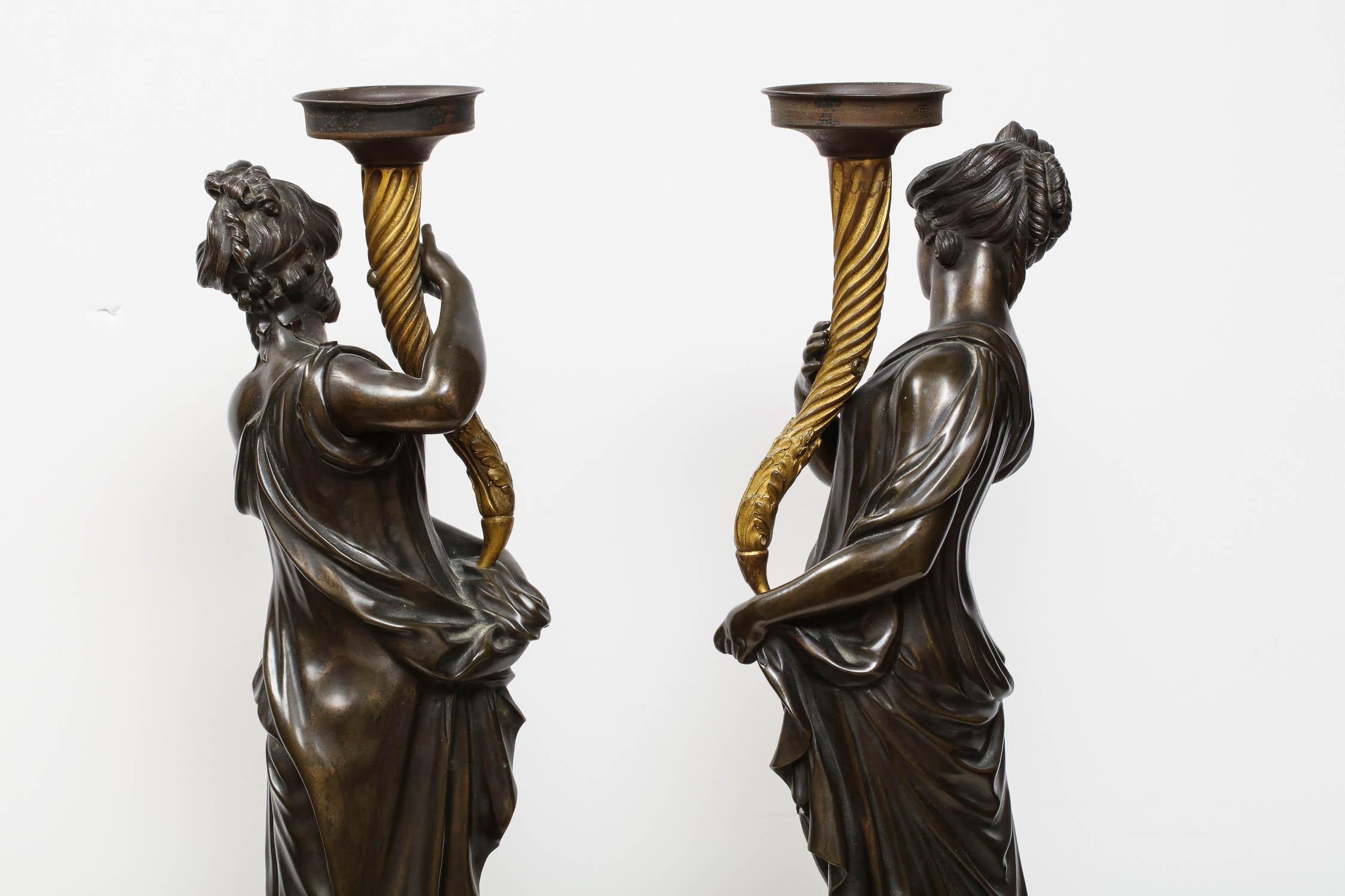Large Pair of French Gilt and Patinated Bronze Figural Candleholders 7