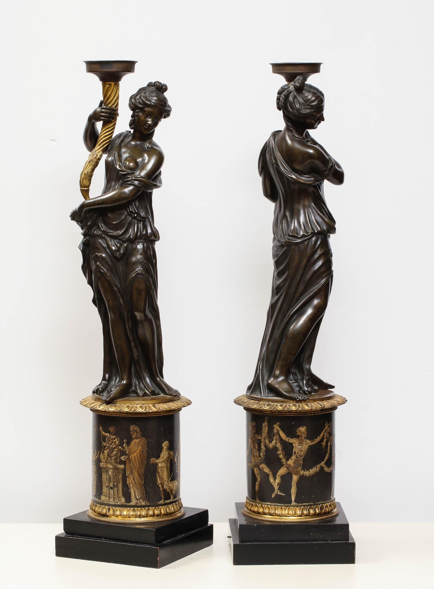 Large Pair of French Gilt and Patinated Bronze Figural Candleholders 3