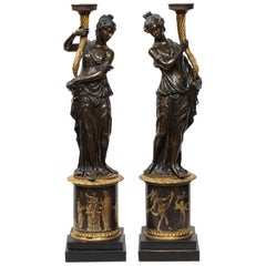 Antique Large Pair of French Gilt and Patinated Bronze Figural Candleholders