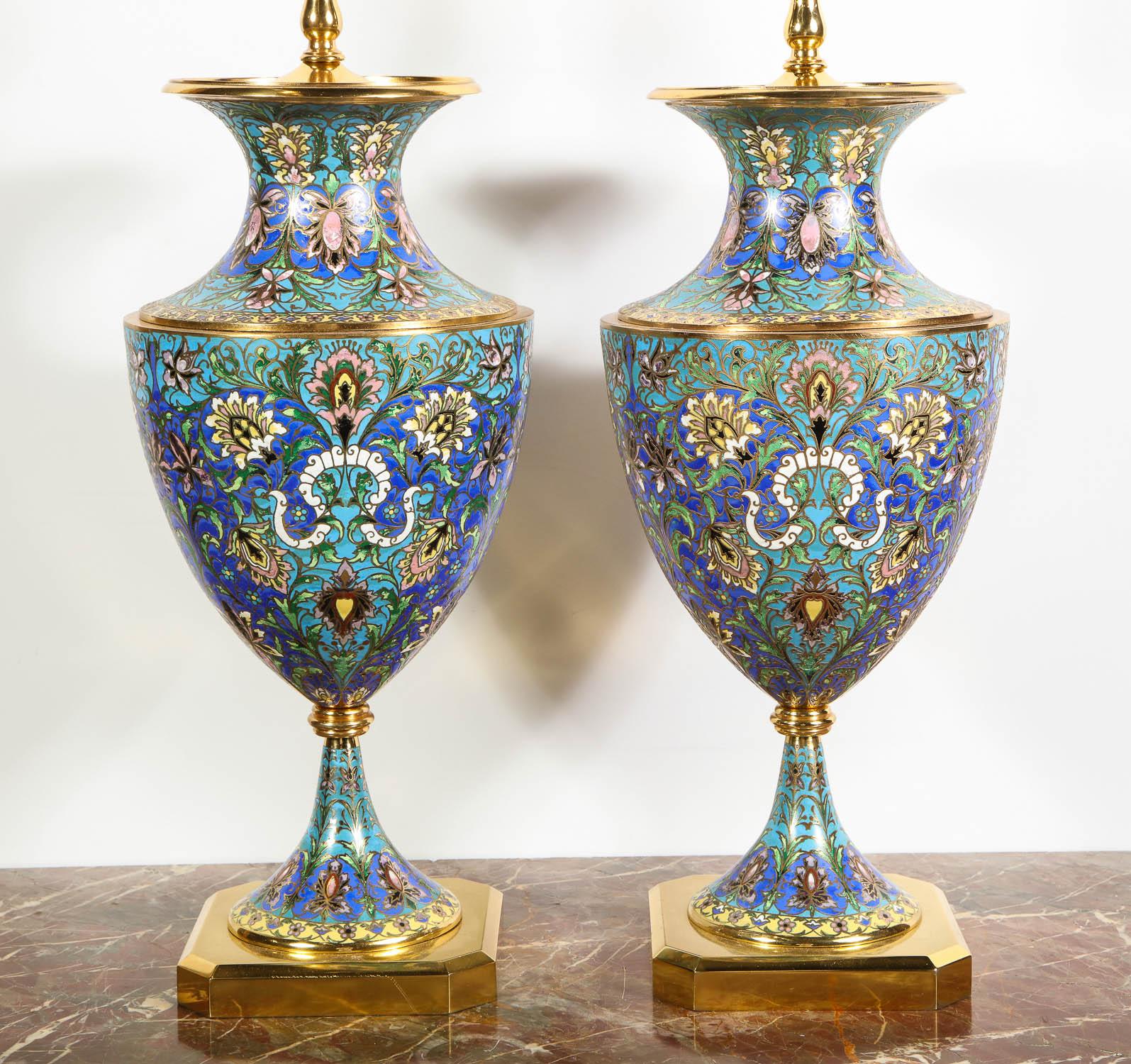 Large Pair of French Gilt Bronze-Mounted Champlevé Cloisonné Enamel Table Lamps In Good Condition In New York, NY
