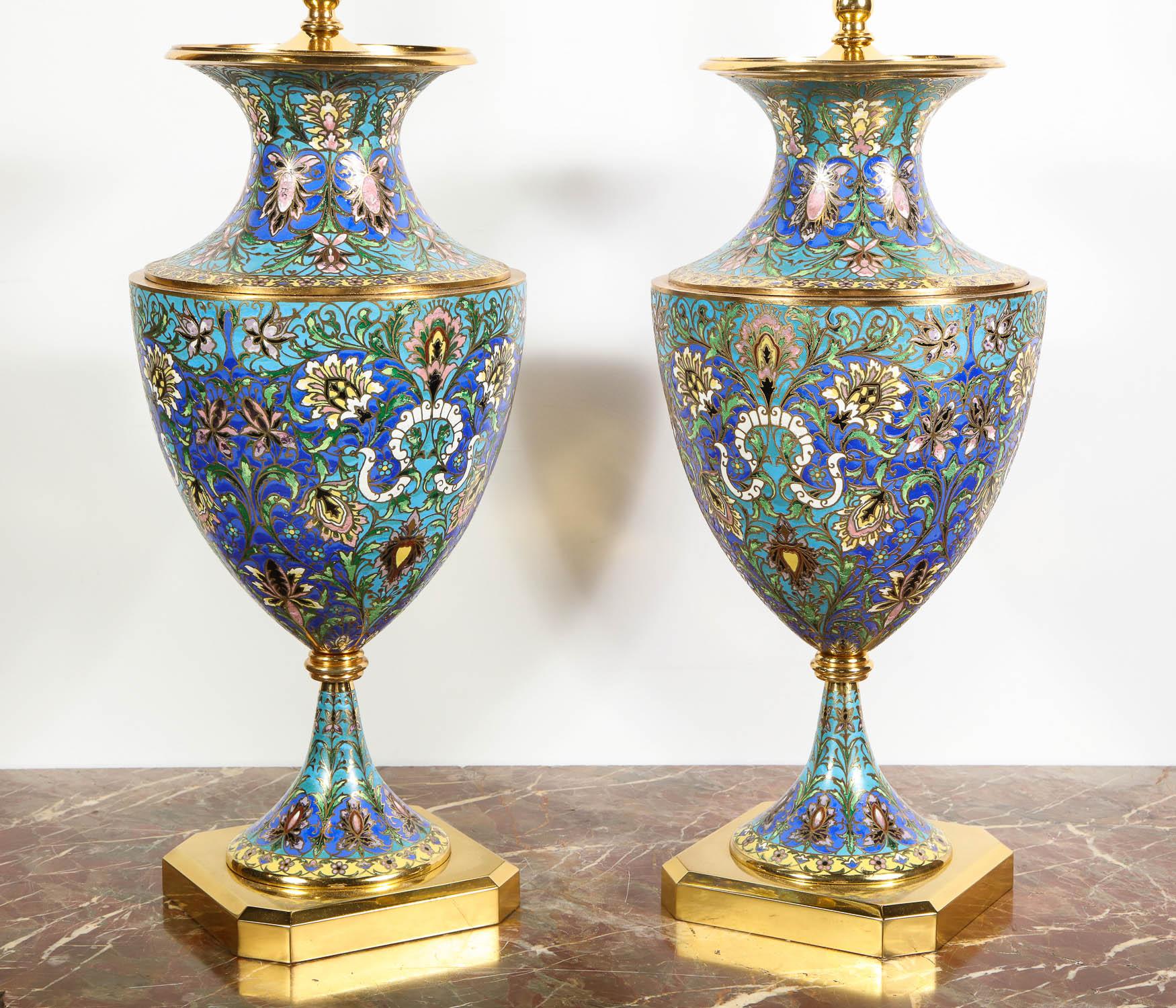 20th Century Large Pair of French Gilt Bronze-Mounted Champlevé Cloisonné Enamel Table Lamps