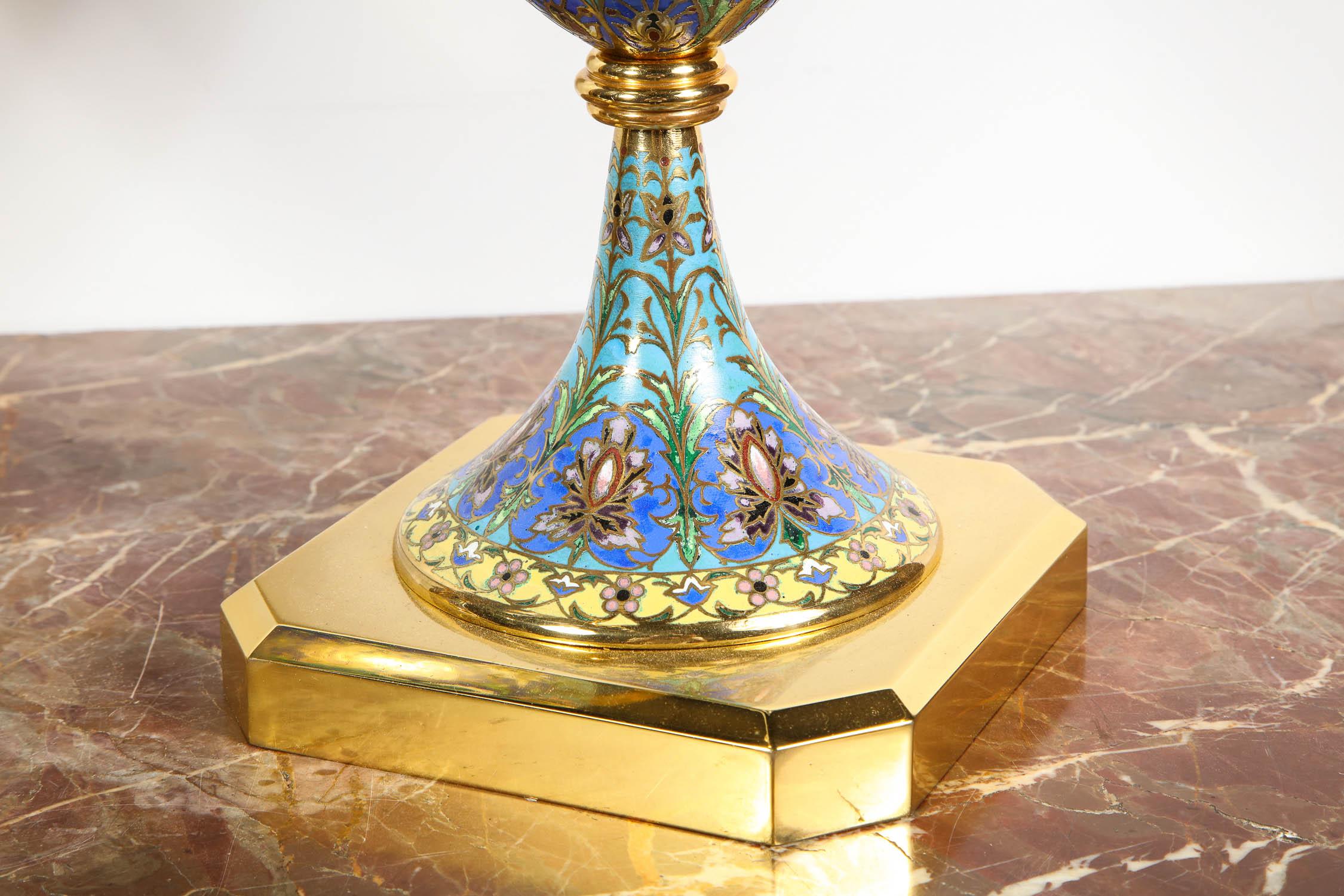 Large Pair of French Gilt Bronze-Mounted Champlevé Cloisonné Enamel Table Lamps 3