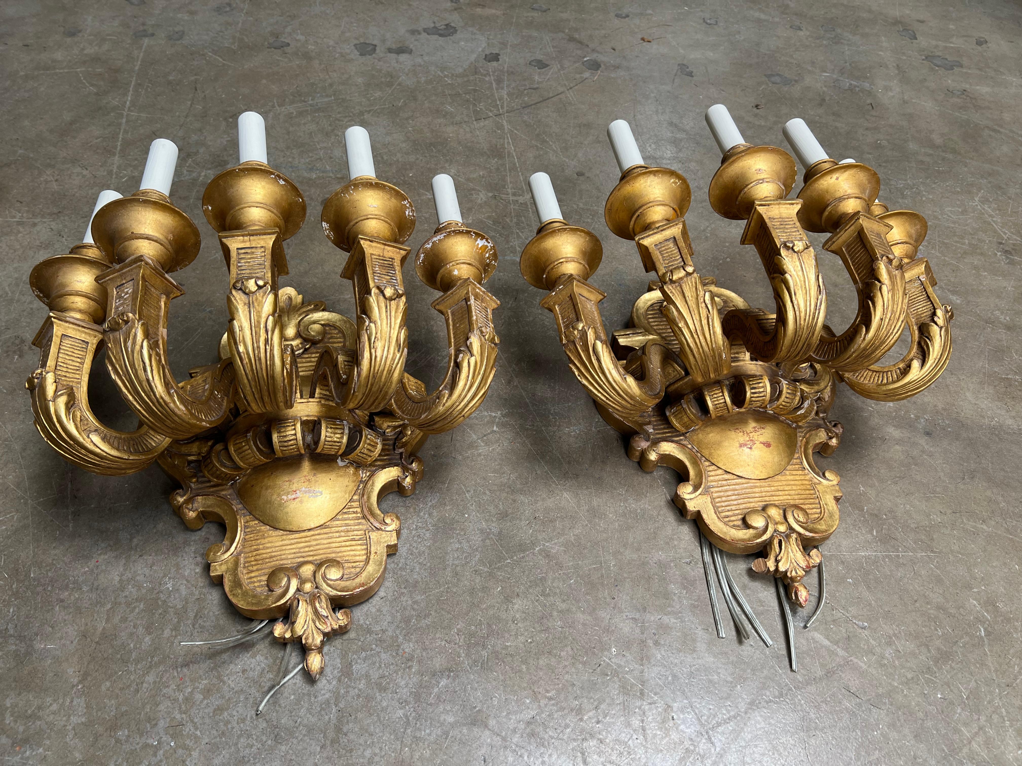 Neoclassical Large Pair of French Giltwood Wall Sconces For Sale