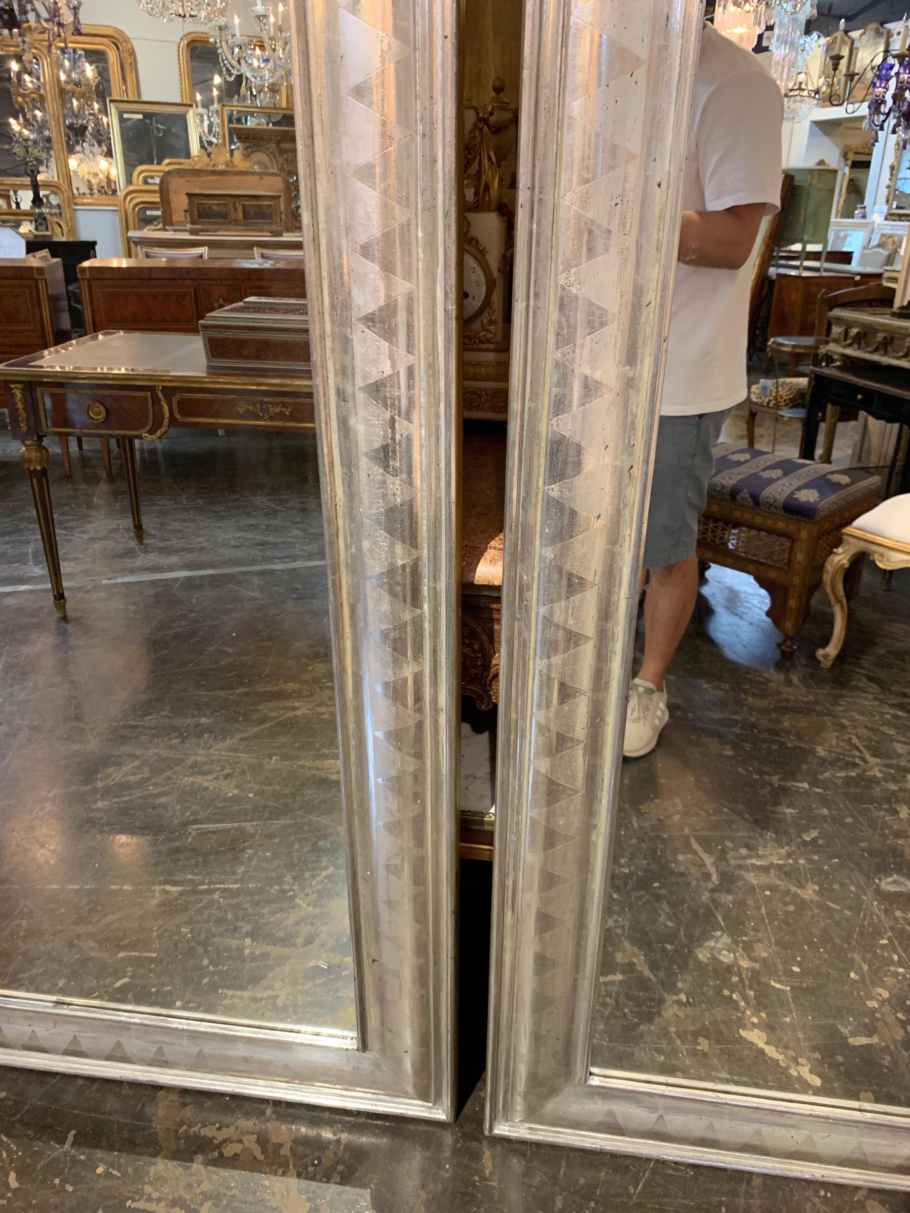 Large Pair of French High Style Silver Leaf Mirrors In Excellent Condition In Dallas, TX