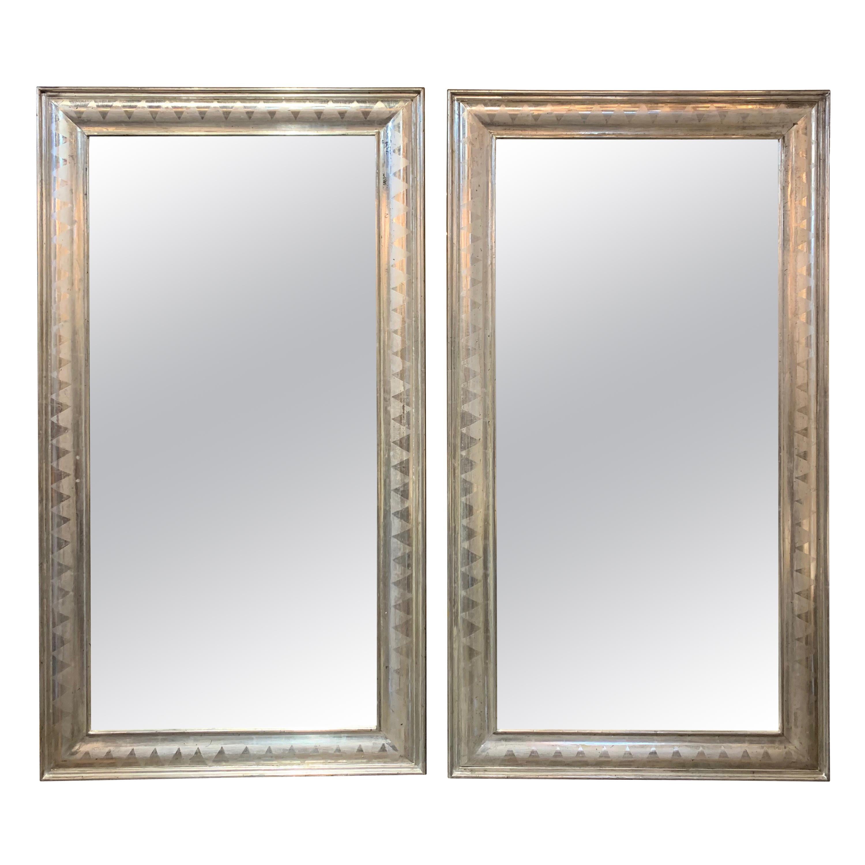 Large Pair of French High Style Silver Leaf Mirrors