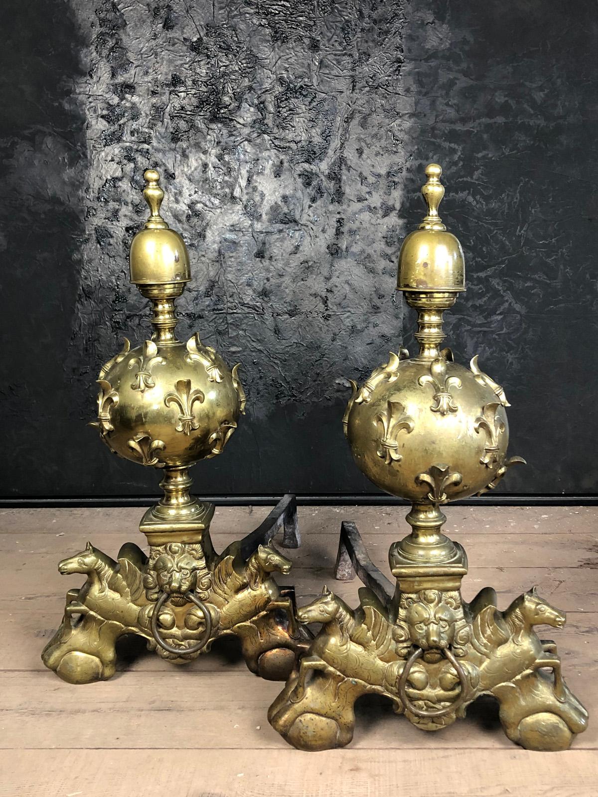 Large Pair of French late century Louis XIV Gilt Bronze Andirons In Good Condition For Sale In Troy, NY