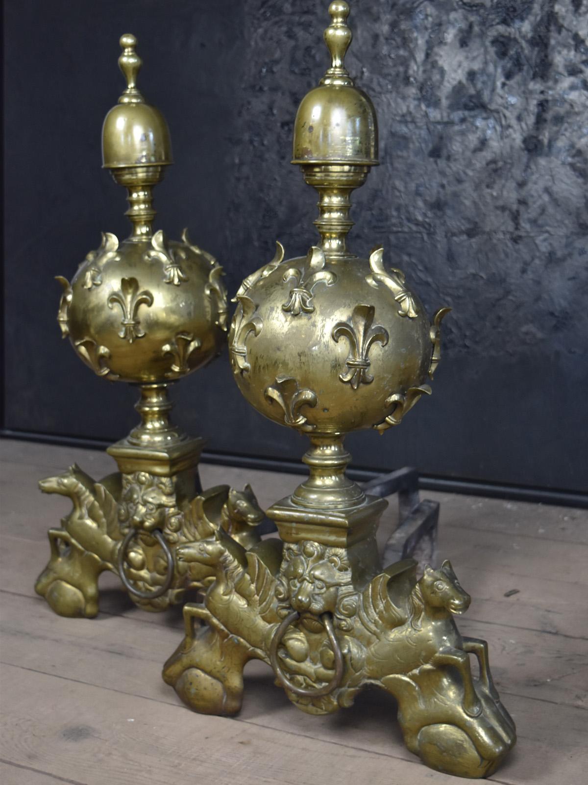 19th Century Large Pair of French late century Louis XIV Gilt Bronze Andirons For Sale