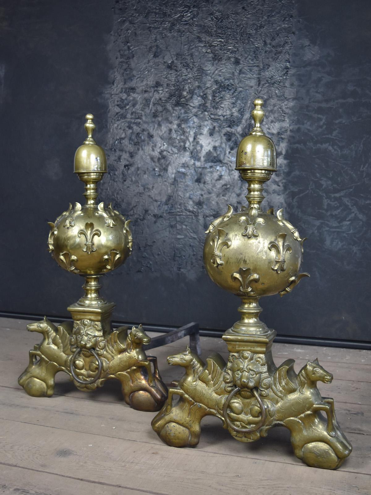 Wrought Iron Large Pair of French late century Louis XIV Gilt Bronze Andirons For Sale
