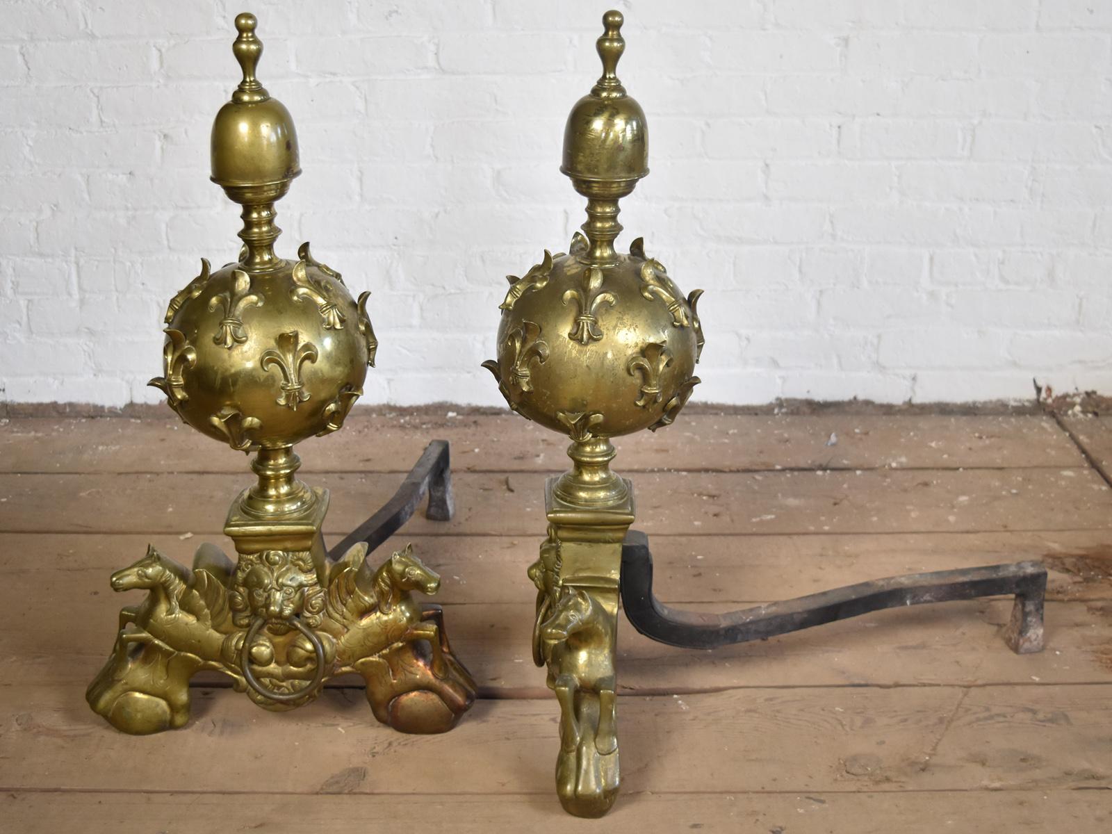 Large Pair of French late century Louis XIV Gilt Bronze Andirons For Sale 1