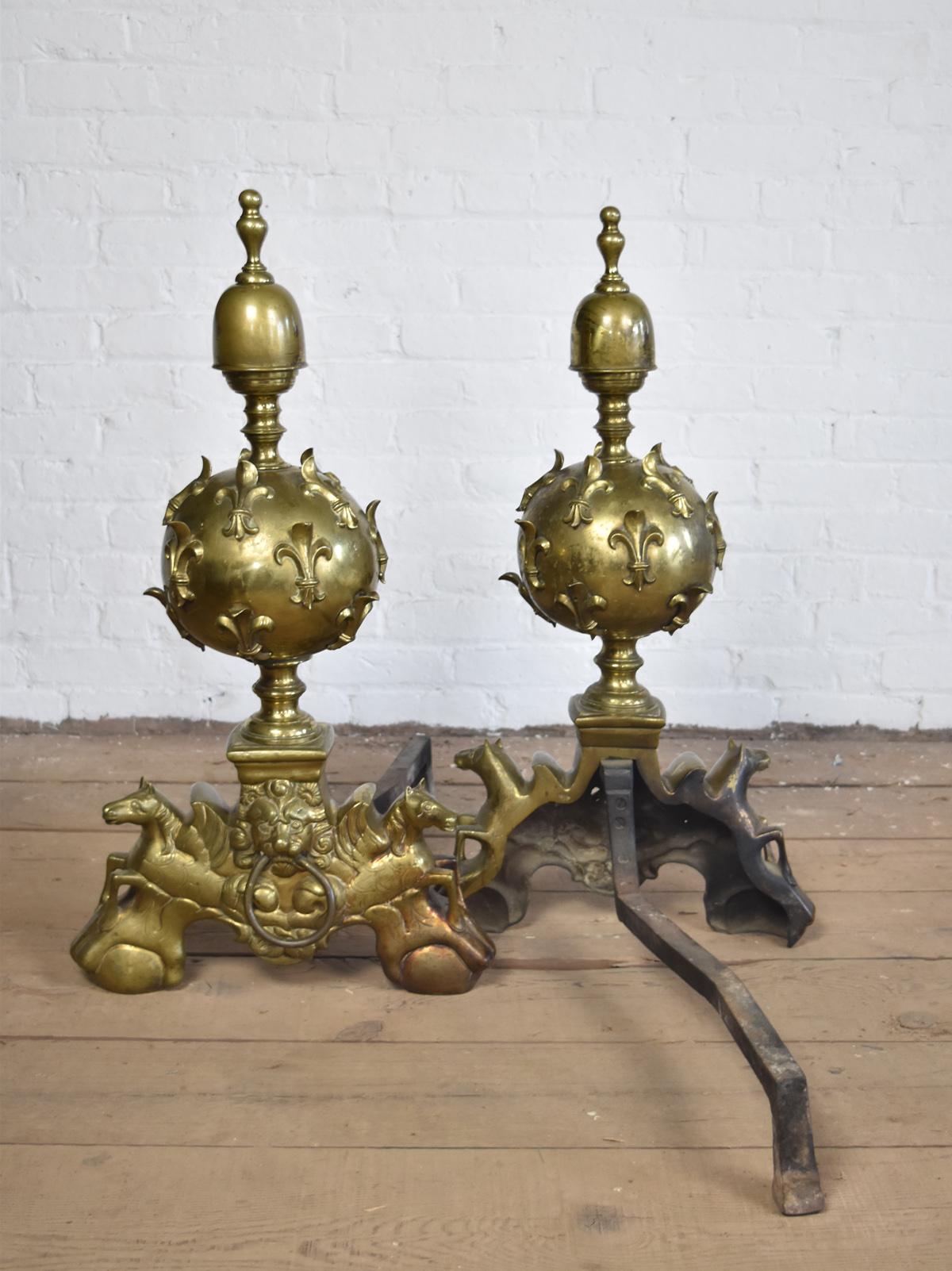 Large Pair of French late century Louis XIV Gilt Bronze Andirons For Sale 2