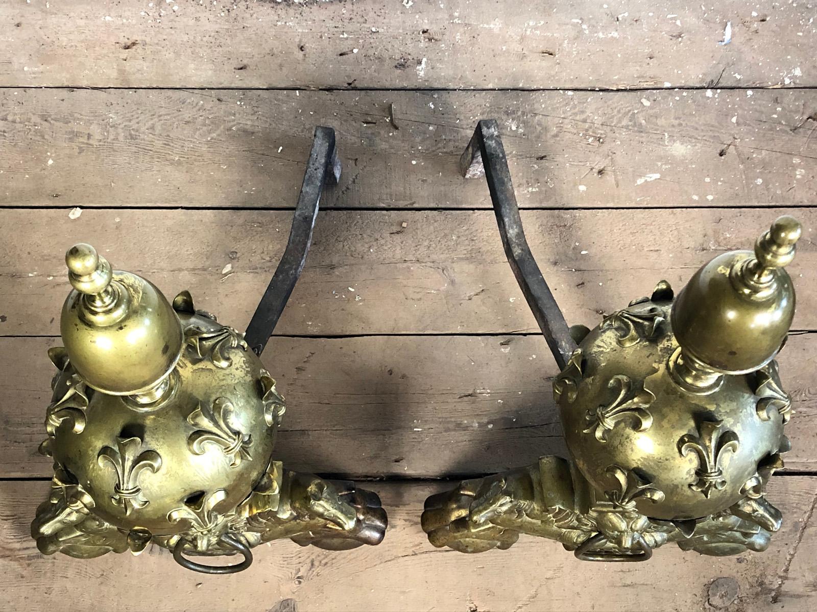 Large Pair of French late century Louis XIV Gilt Bronze Andirons For Sale 3