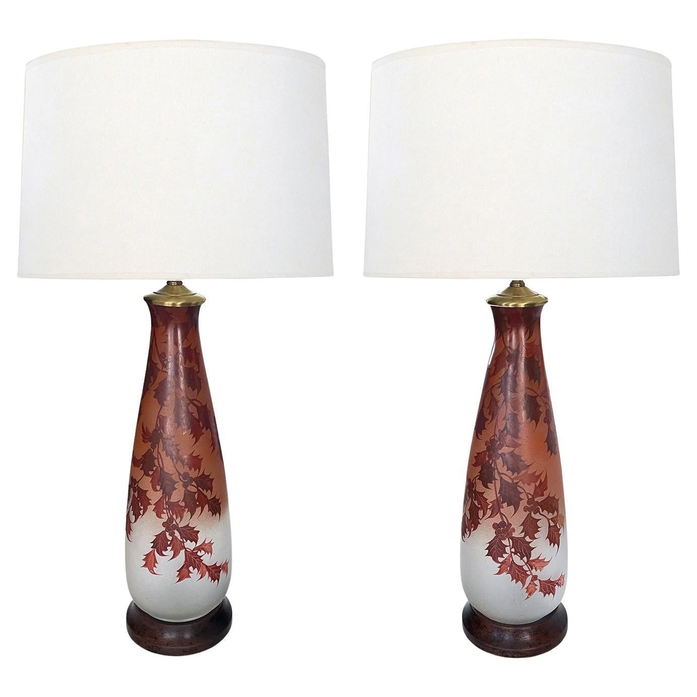 Large Pair of French Leune / Daum Enameled Vases as Lamps; Signed Leune For Sale