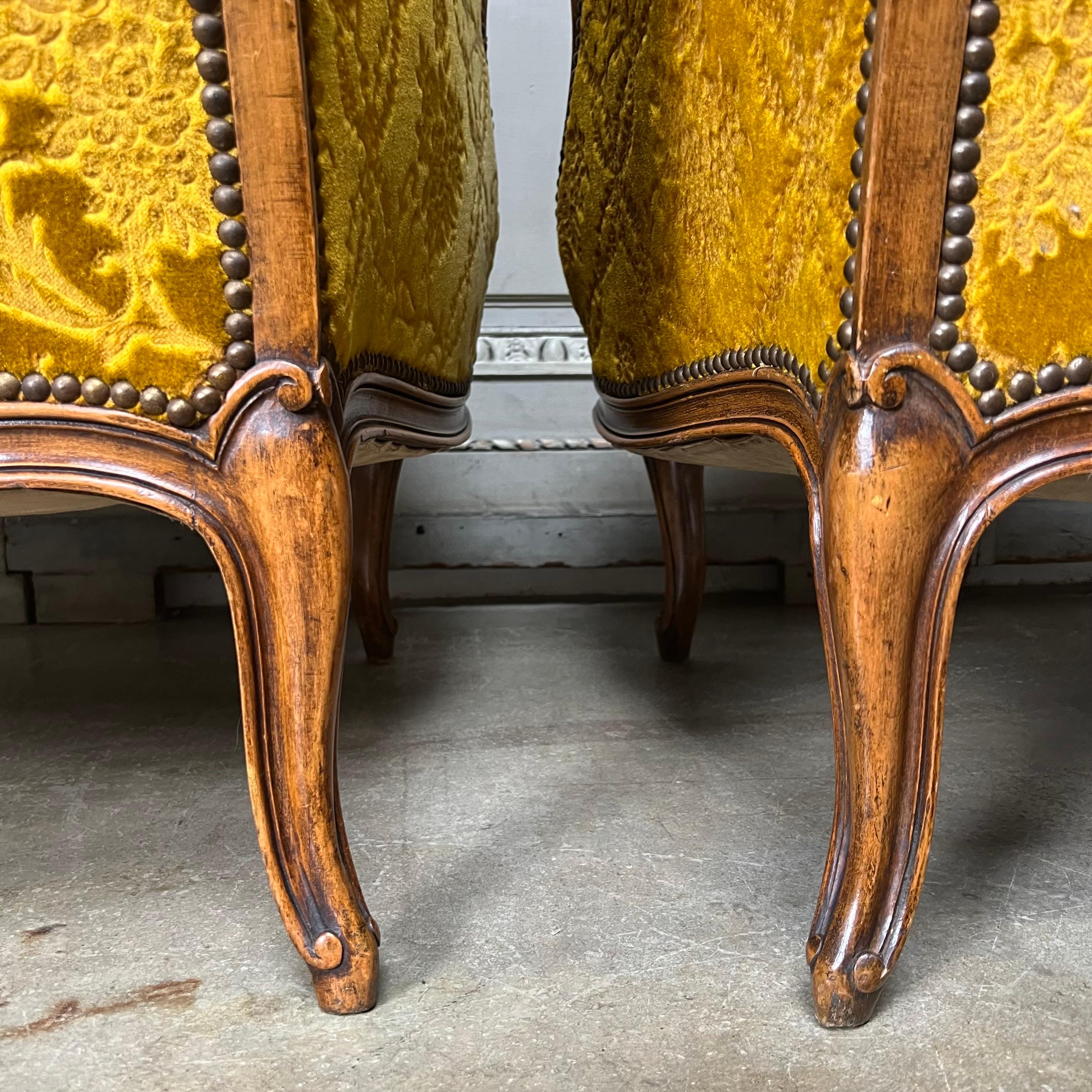 Large Pair of French Louis XV Style Walnut Wingback Chairs For Sale 7