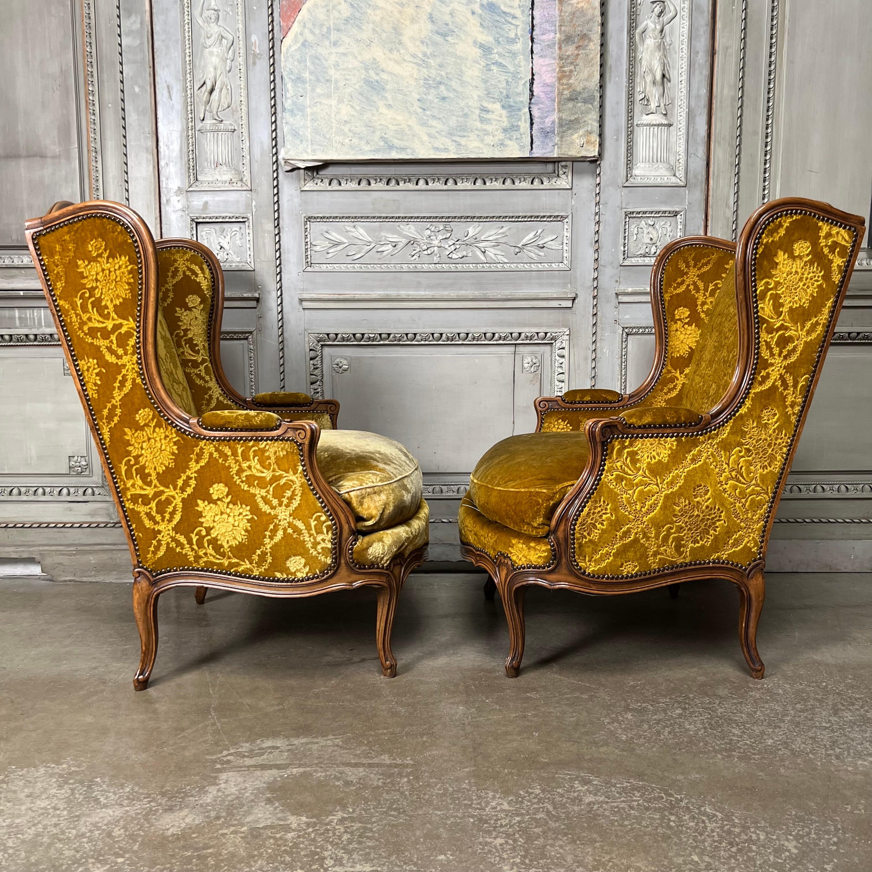 20th Century Large Pair of French Louis XV Style Walnut Wingback Chairs For Sale
