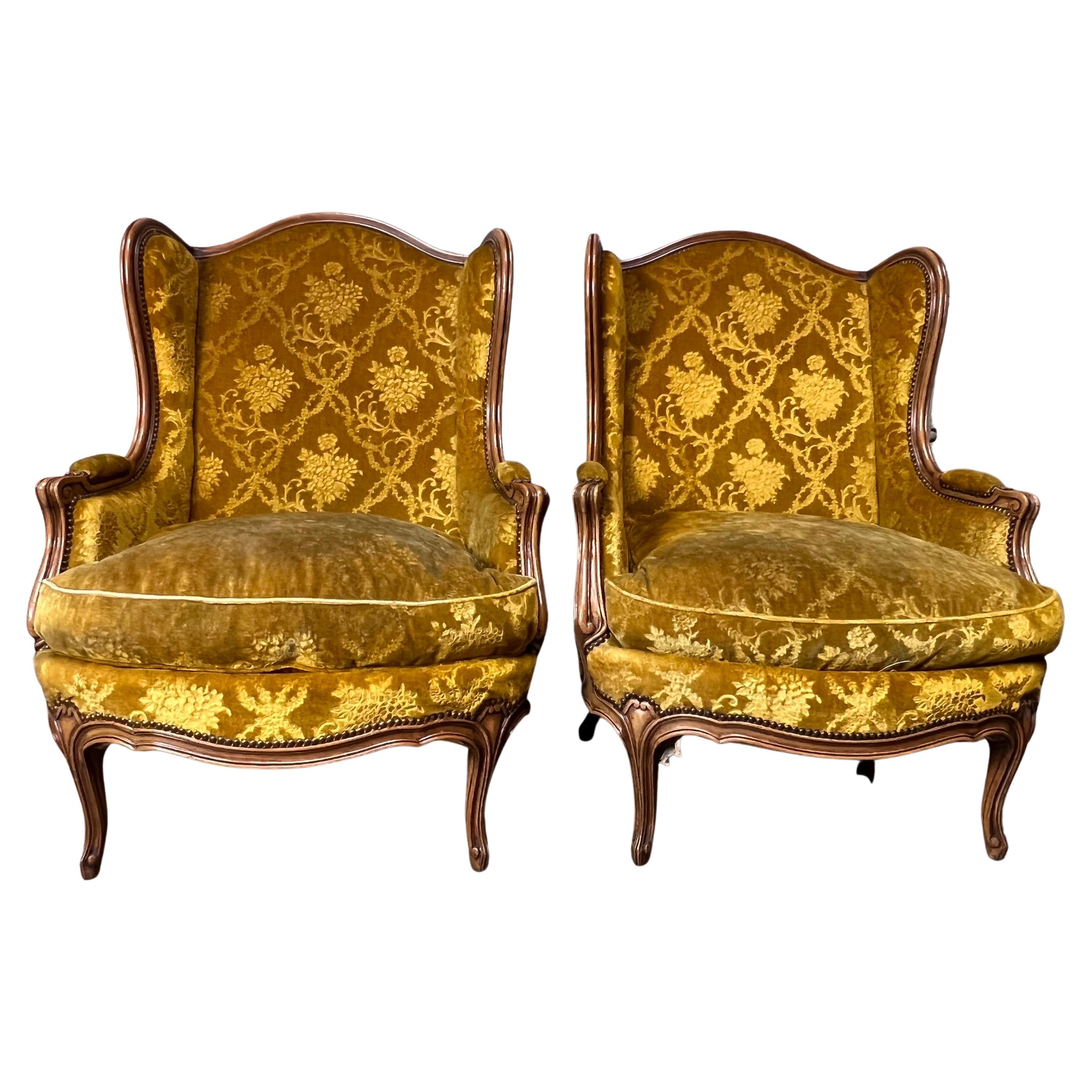 Large Pair of French Louis XV Style Walnut Wingback Chairs
