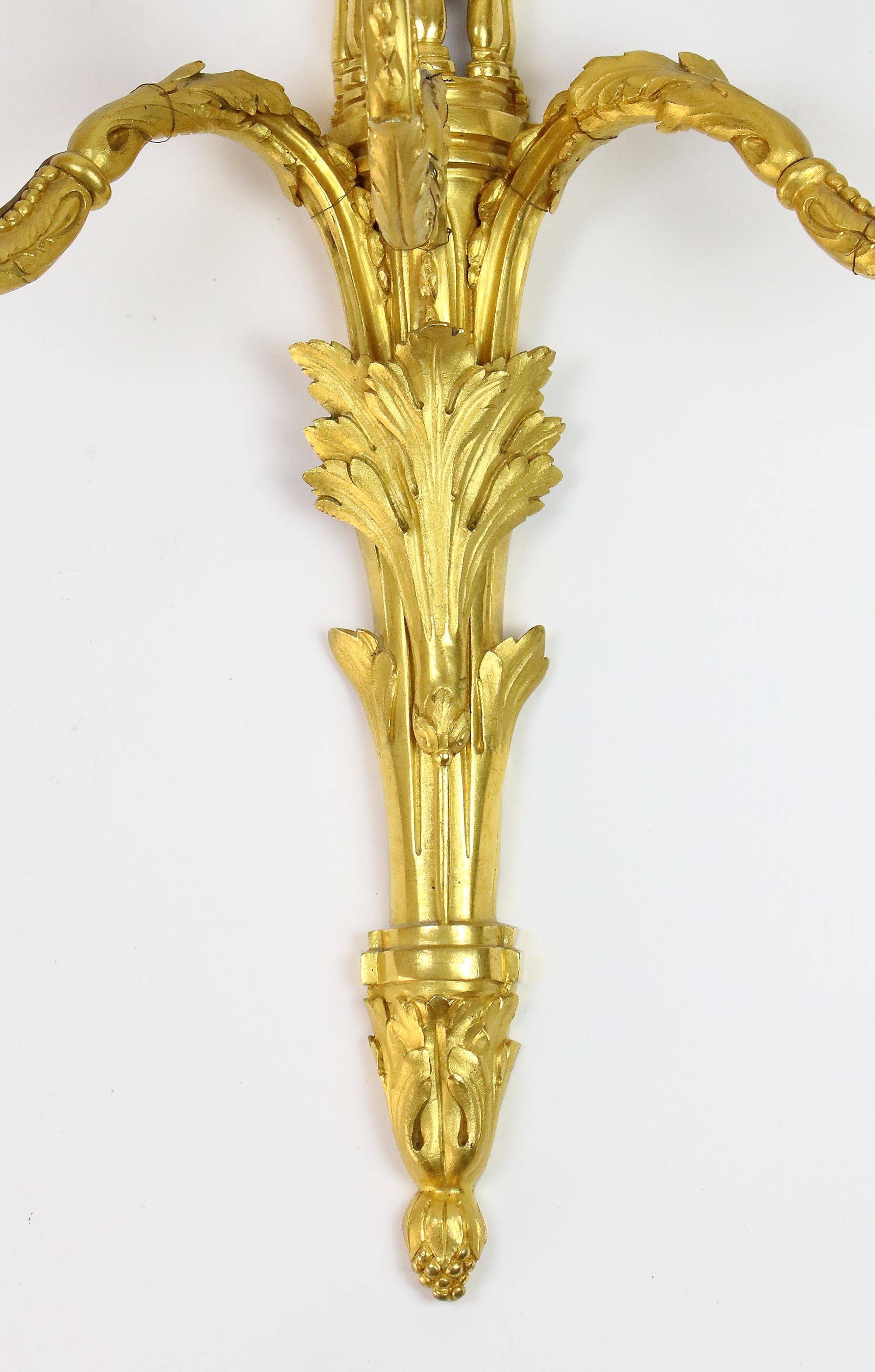 Large Pair of French Louis XVI Gilt Bronze Three-Light Sconces or Wall Lights For Sale 1