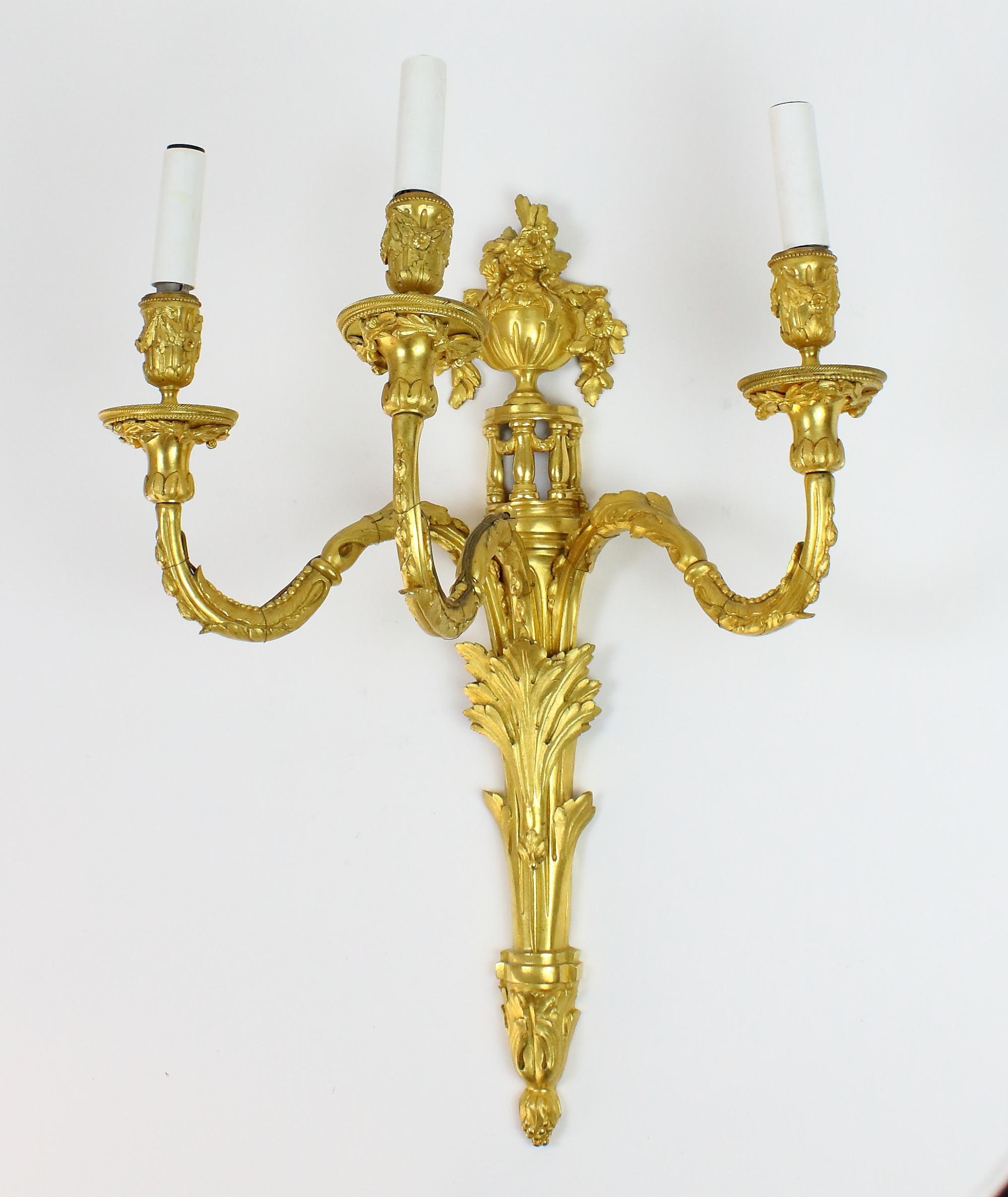Large Pair of French Louis XVI Gilt Bronze Three-Light Sconces or Wall Lights For Sale 2