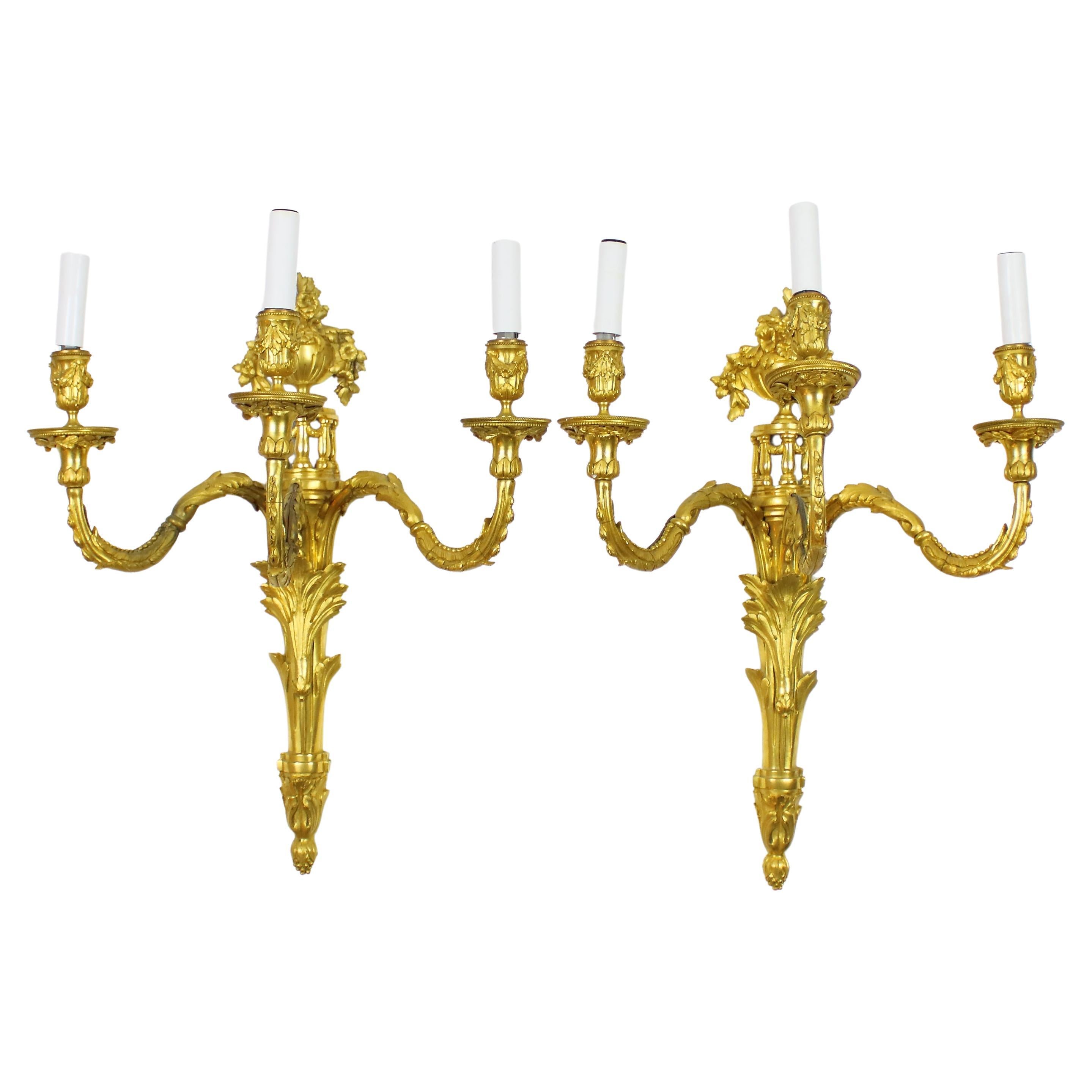 Grande paire d'appliques ou d'appliques murales à trois lumières françaises Louis XVI en bronze doré