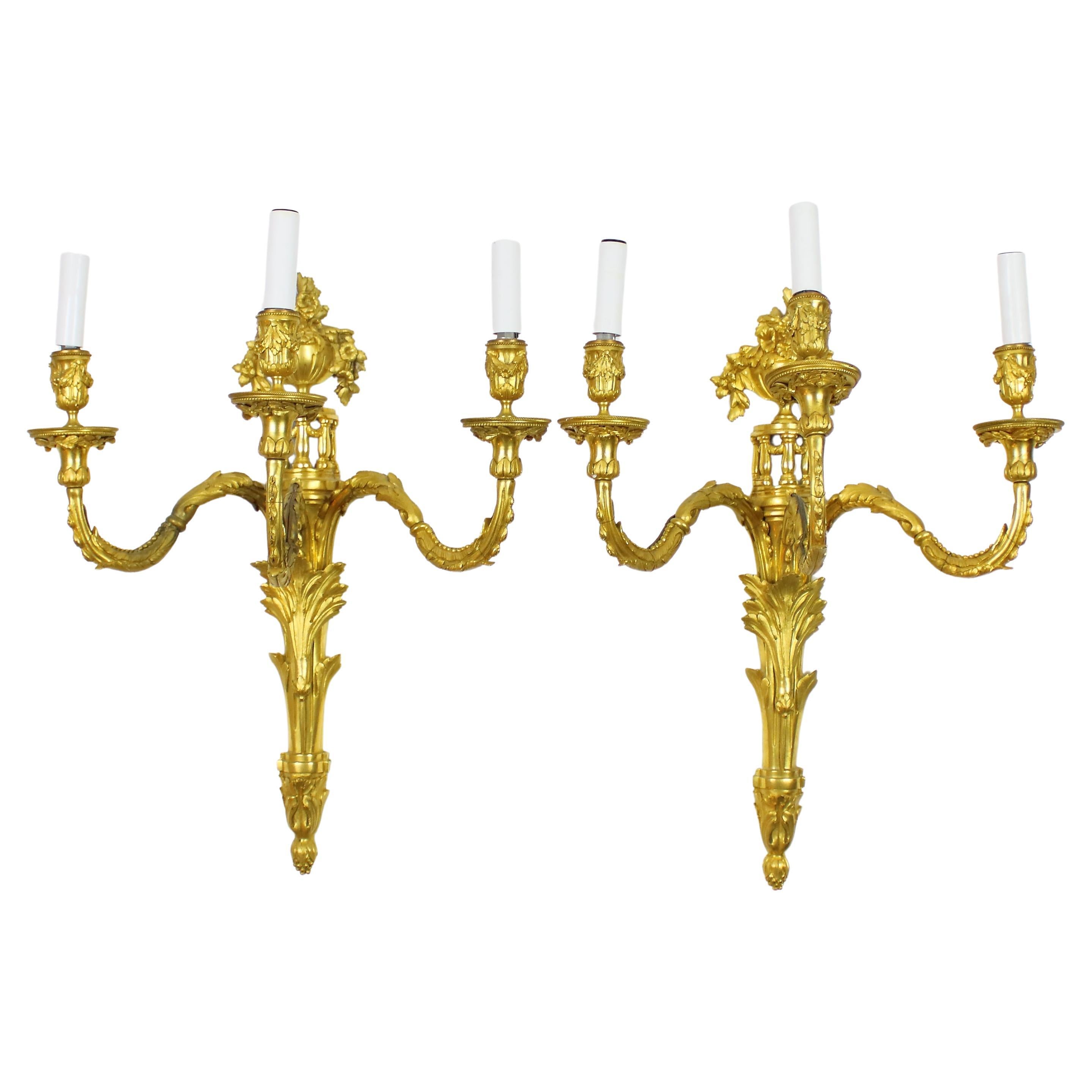 Large Pair of French Louis XVI Gilt Bronze Three-Light Sconces or Wall Lights For Sale