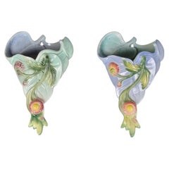 Large Pair of French Majolica Wall Pockets Saint Clement, Circa 1900