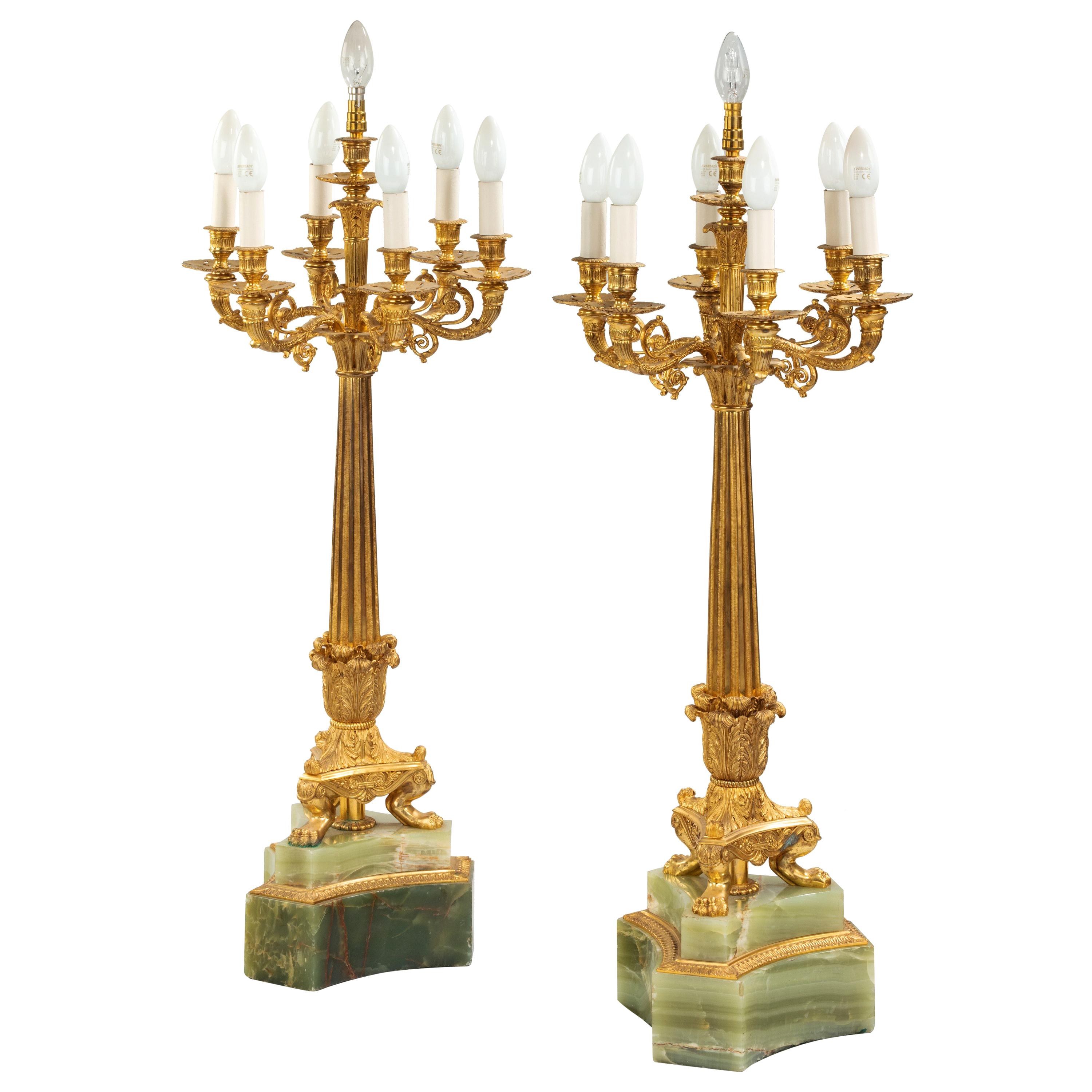 Large Pair of French Onyx and Ormolu Lamps