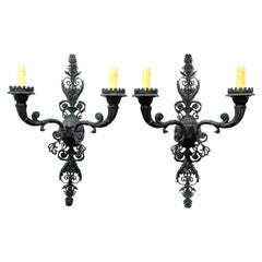 Large Pair of French Patinated Bronze Neoclassical Sconces, Mid 20th Century