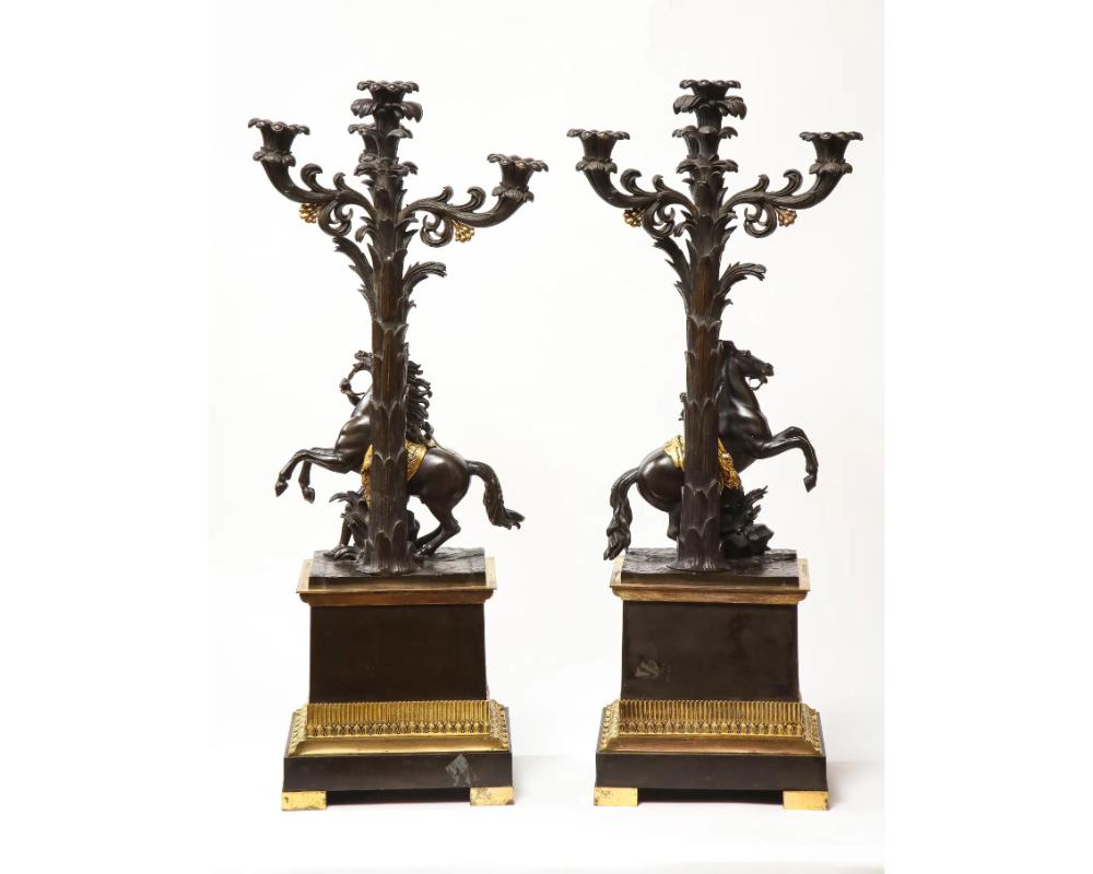 Large Pair of French Restauration Ormolu and Patinated Bronze Candelabra, Horses For Sale 8