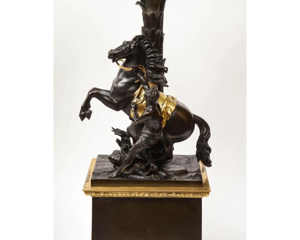 Large Pair of French Restauration Ormolu and Patinated Bronze Candelabra, Horses In Good Condition For Sale In New York, NY