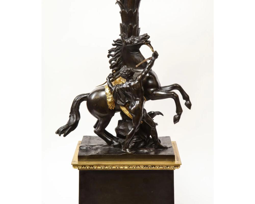19th Century Large Pair of French Restauration Ormolu and Patinated Bronze Candelabra, Horses For Sale