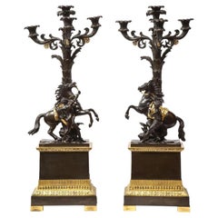 Antique Large Pair of French Restauration Ormolu and Patinated Bronze Candelabra, Horses