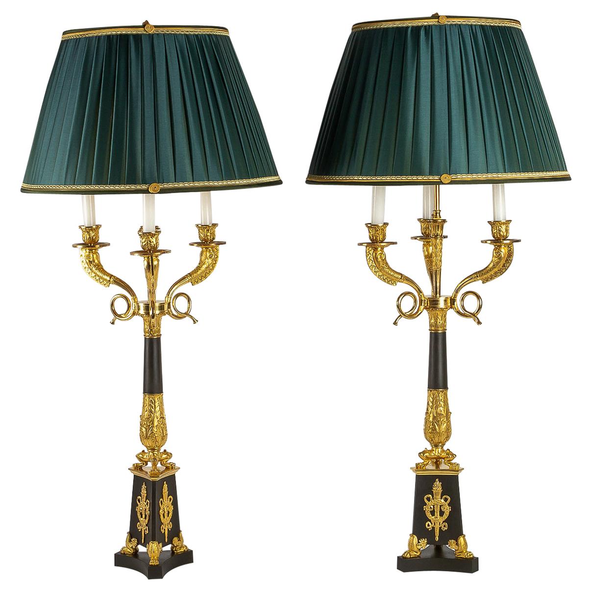 Large Pair of French Restauration Period Candelabras Converted in Table Lamps