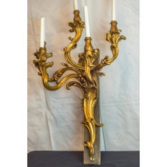 Large Pair of French Rococo Style Five-Light Ormolu Sconces