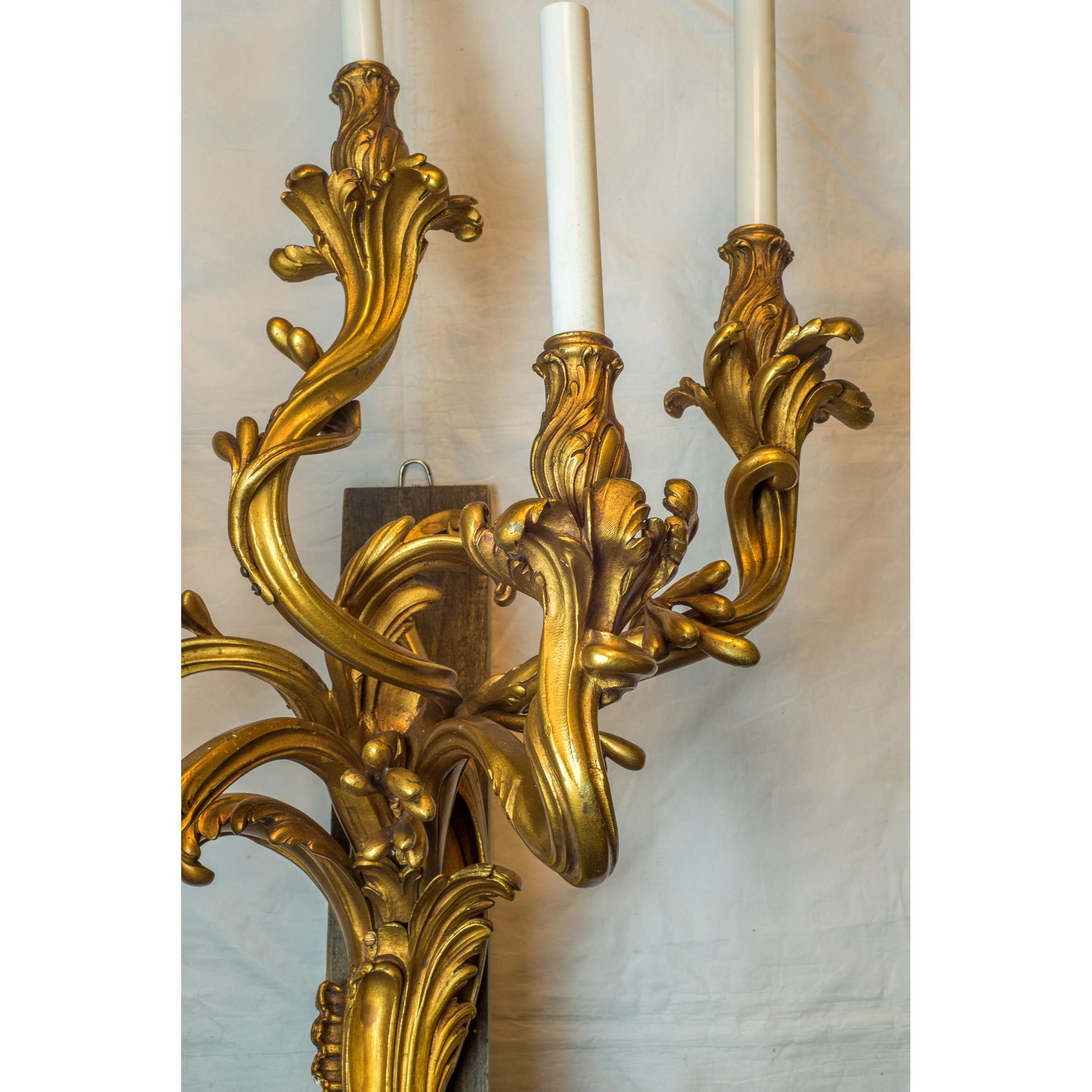 Louis XV Large Pair of French Rococo Style Five-Light Ormolu Sconces