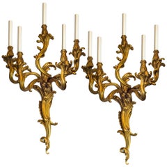 Large Pair of French Rococo Style Five-Light Ormolu Sconces