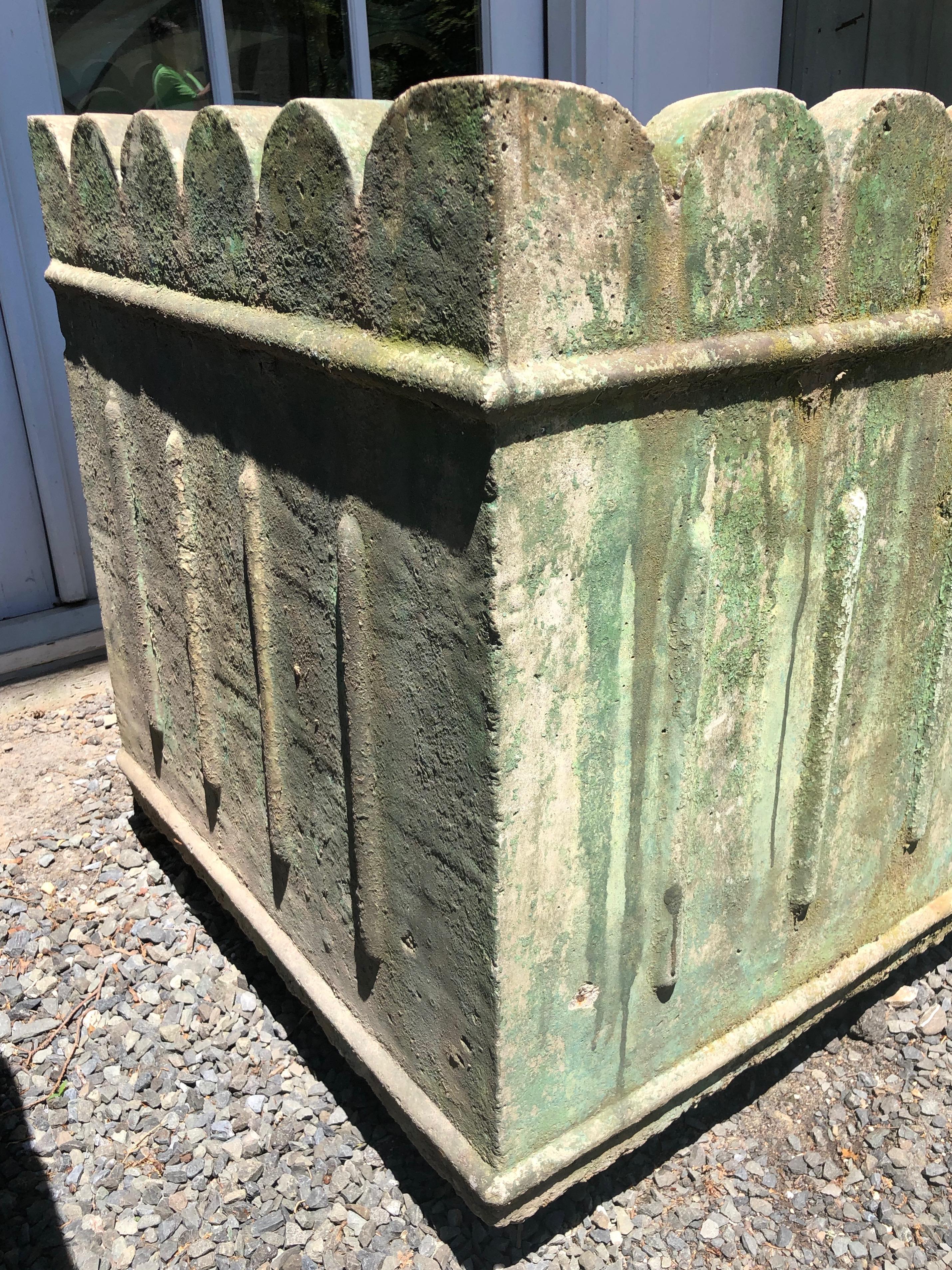 Large Pair of French Scalloped-Top Planters in Old Green Wash 6