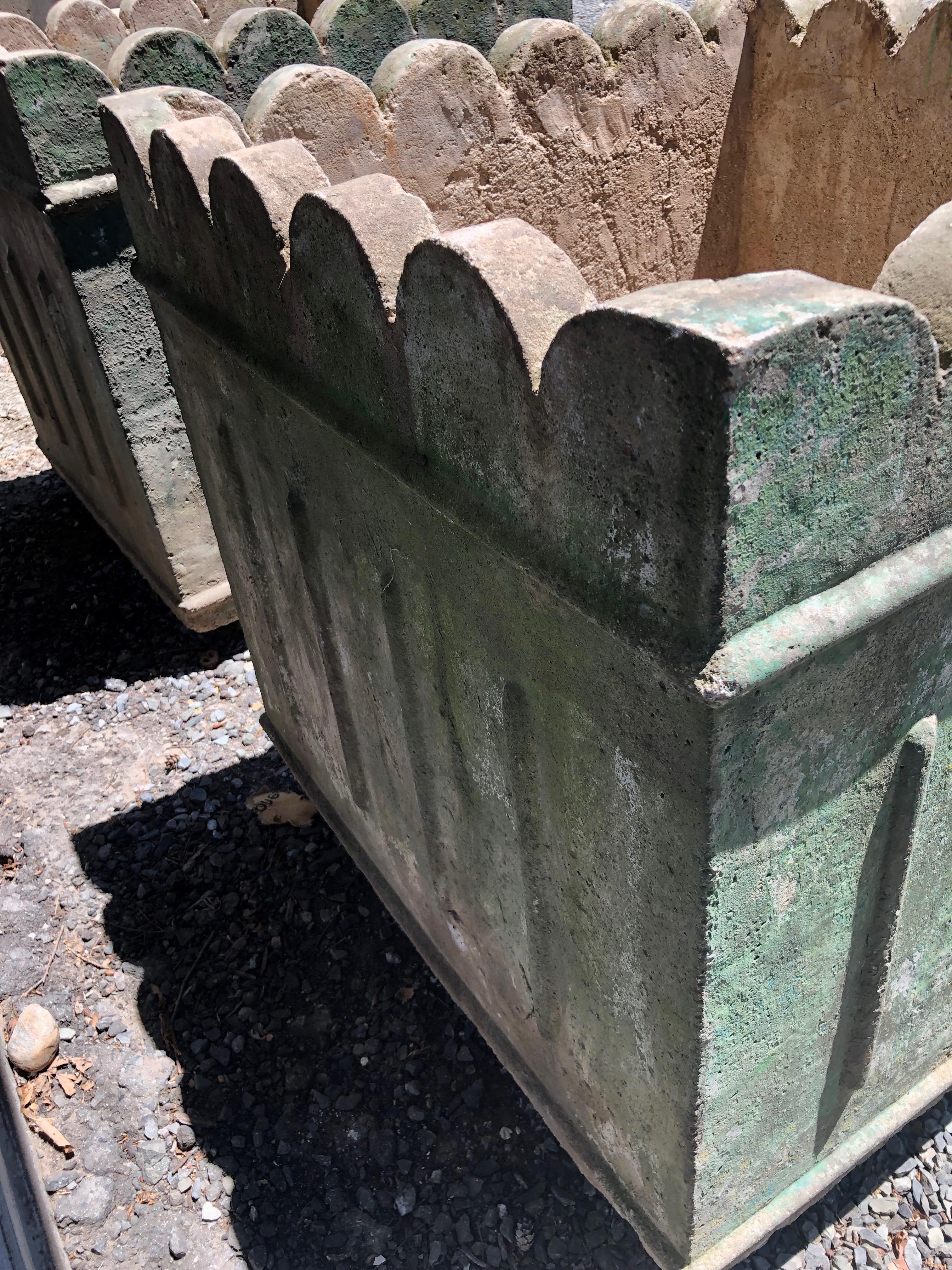 Large Pair of French Scalloped-Top Planters in Old Green Wash 8