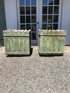 Large Pair of French Scalloped-Top Planters in Old Green Wash