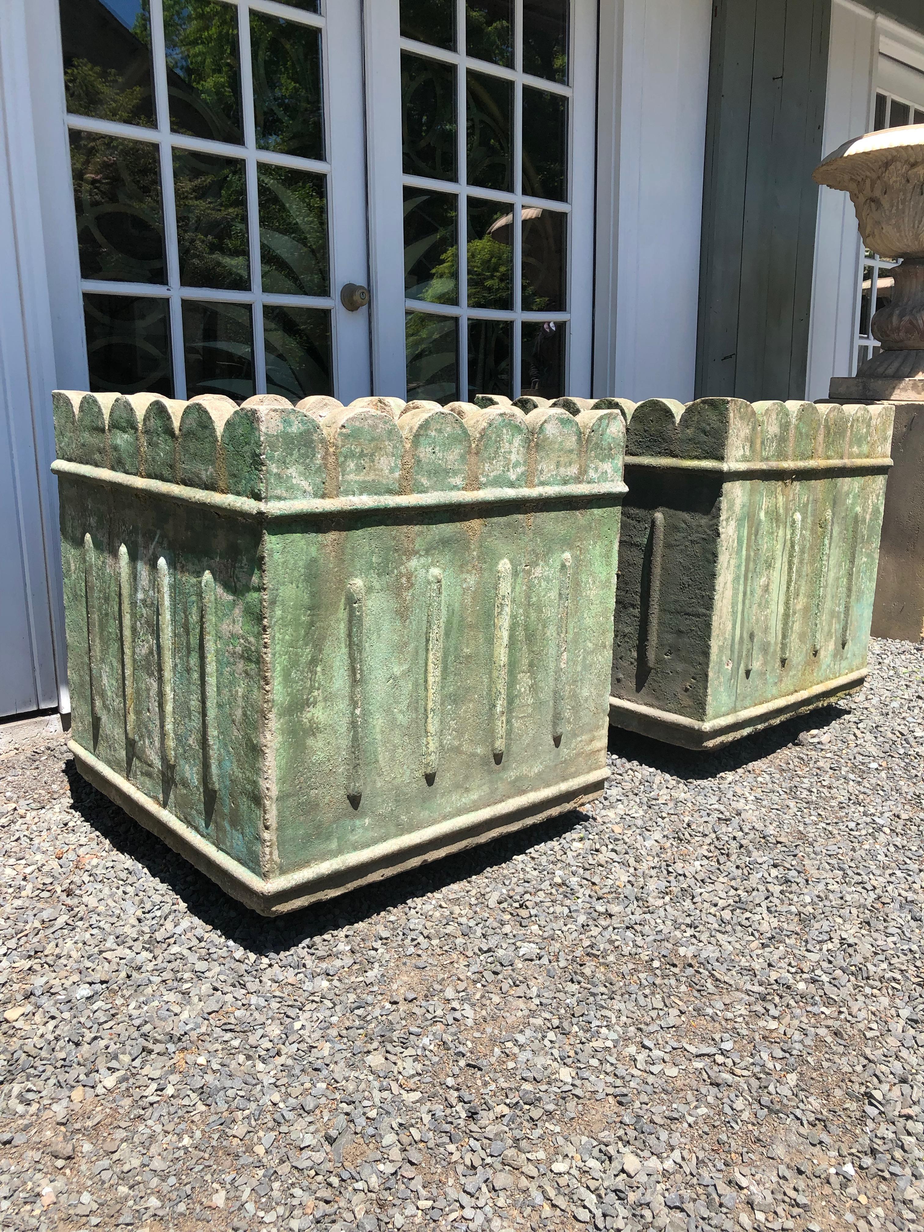 Large Pair of French Scalloped-Top Planters in Old Green Wash In Good Condition In Woodbury, CT