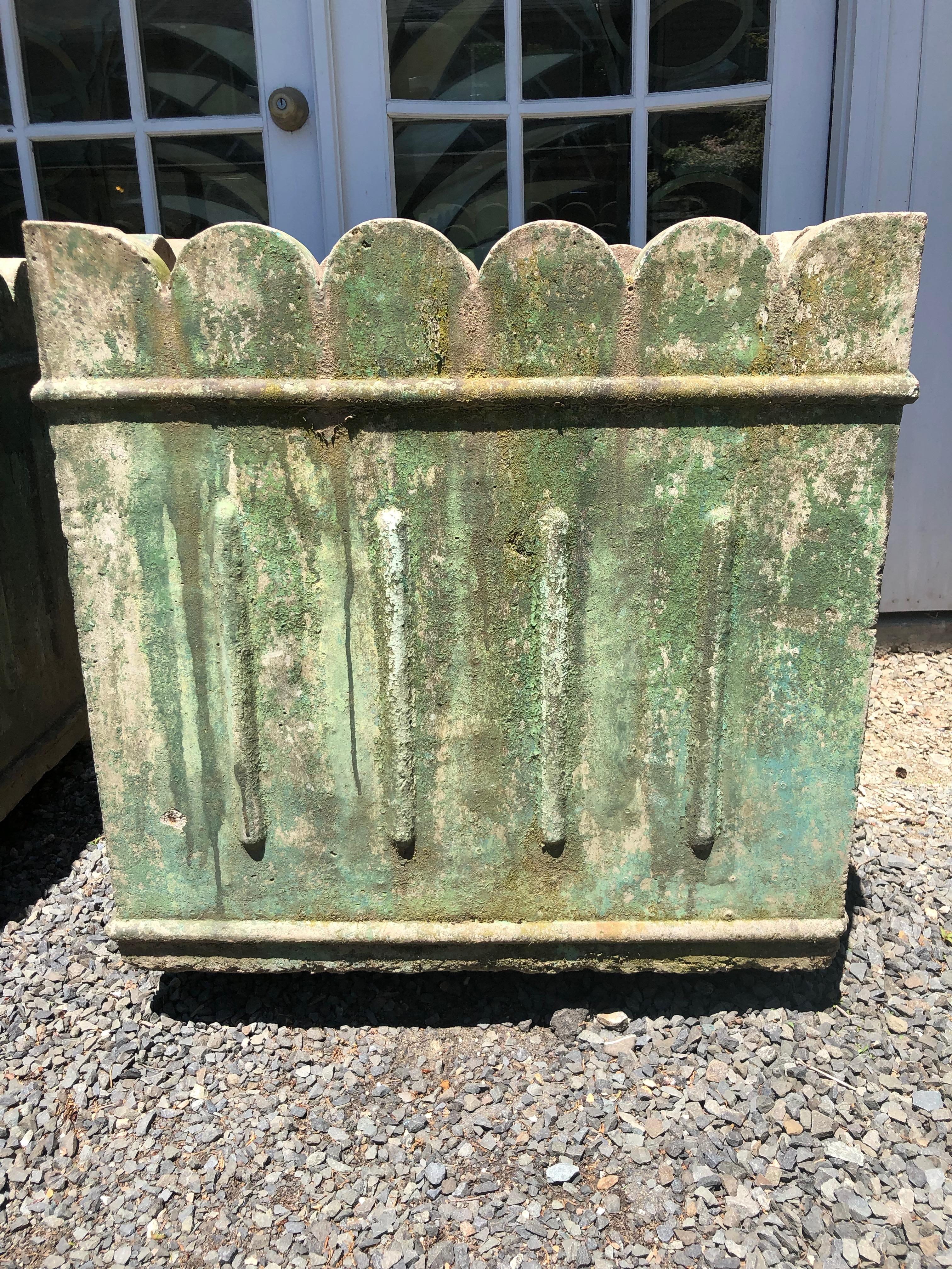 20th Century Large Pair of French Scalloped-Top Planters in Old Green Wash