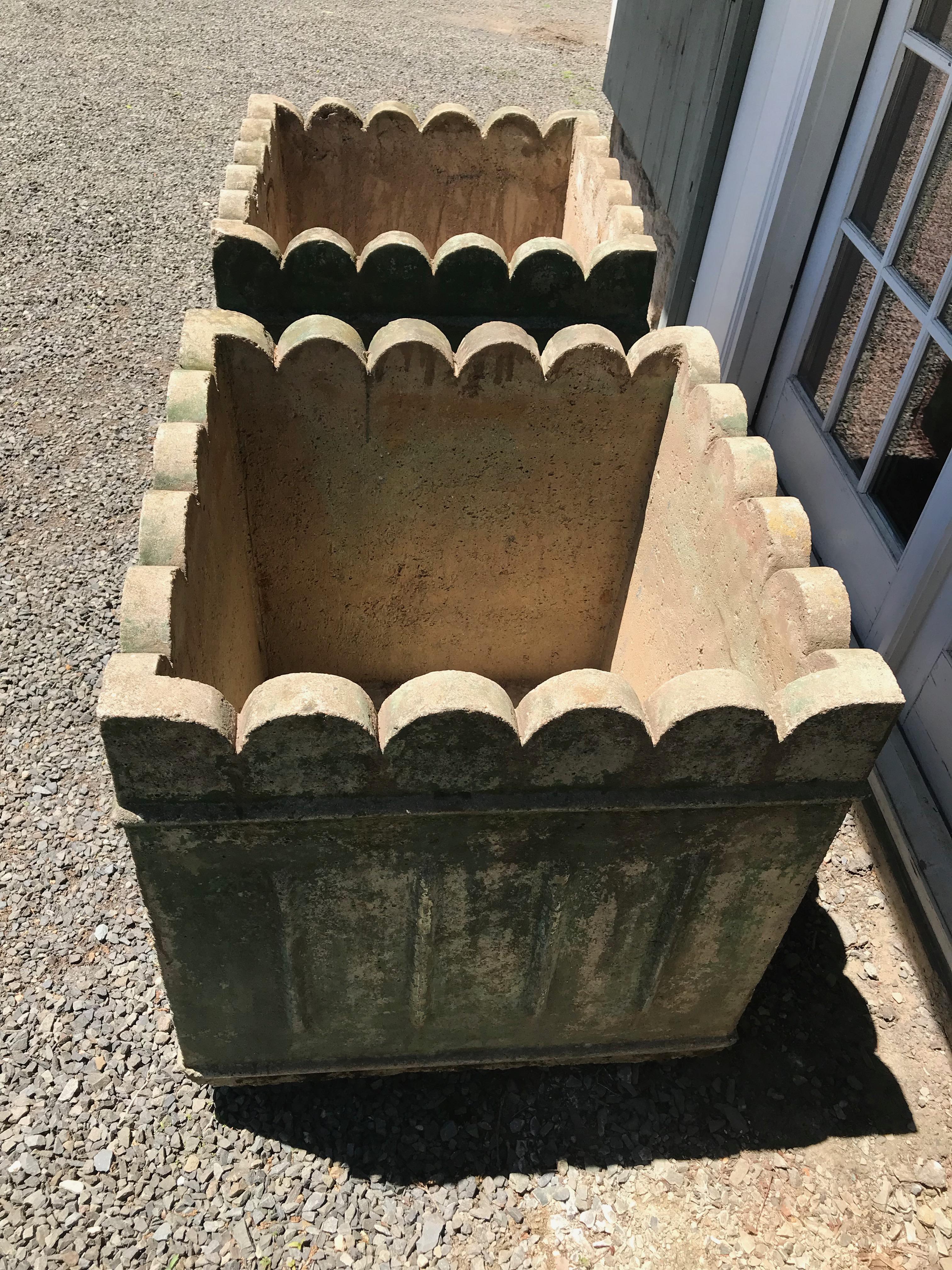 Large Pair of French Scalloped-Top Planters in Old Green Wash 1
