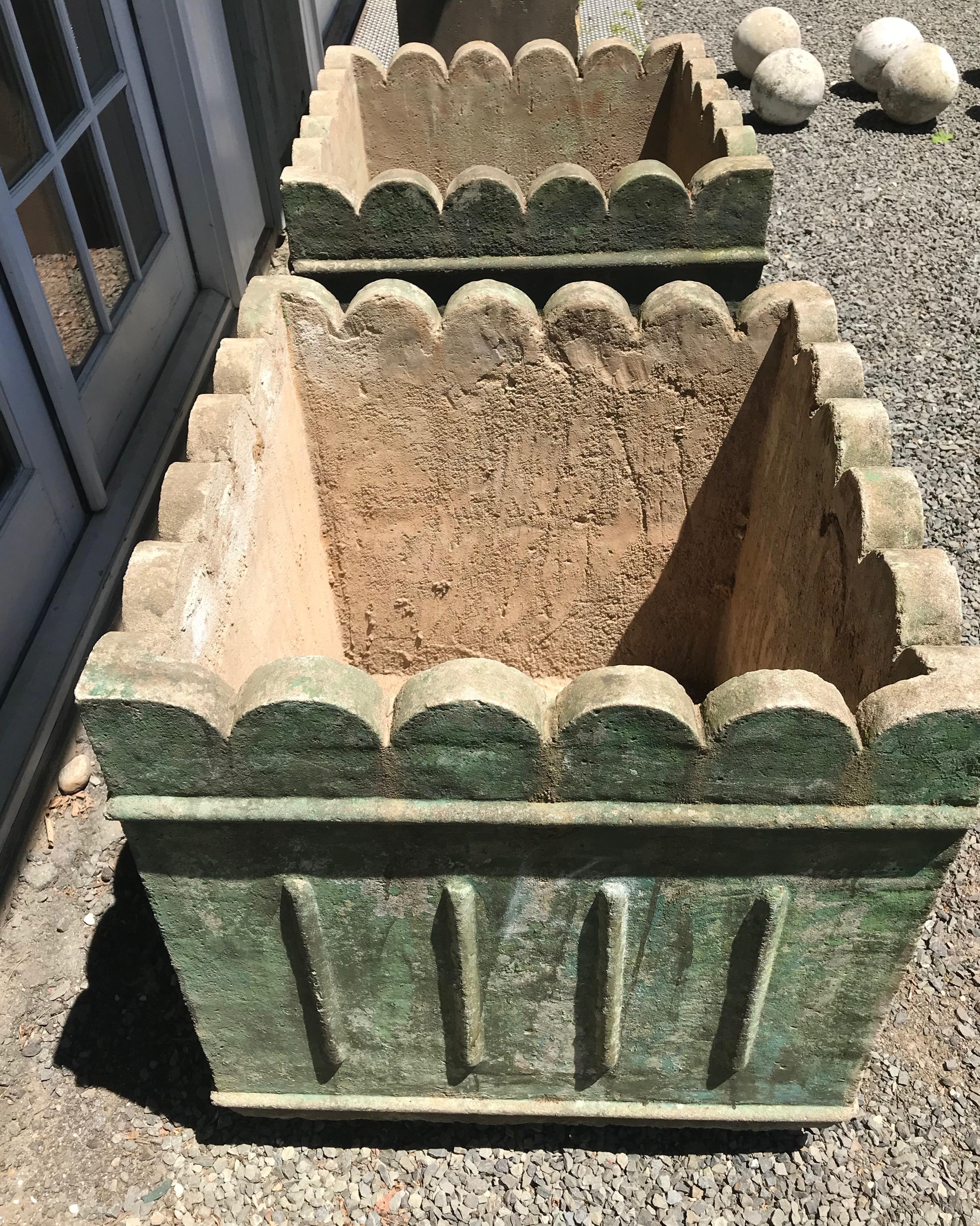 Large Pair of French Scalloped-Top Planters in Old Green Wash 2