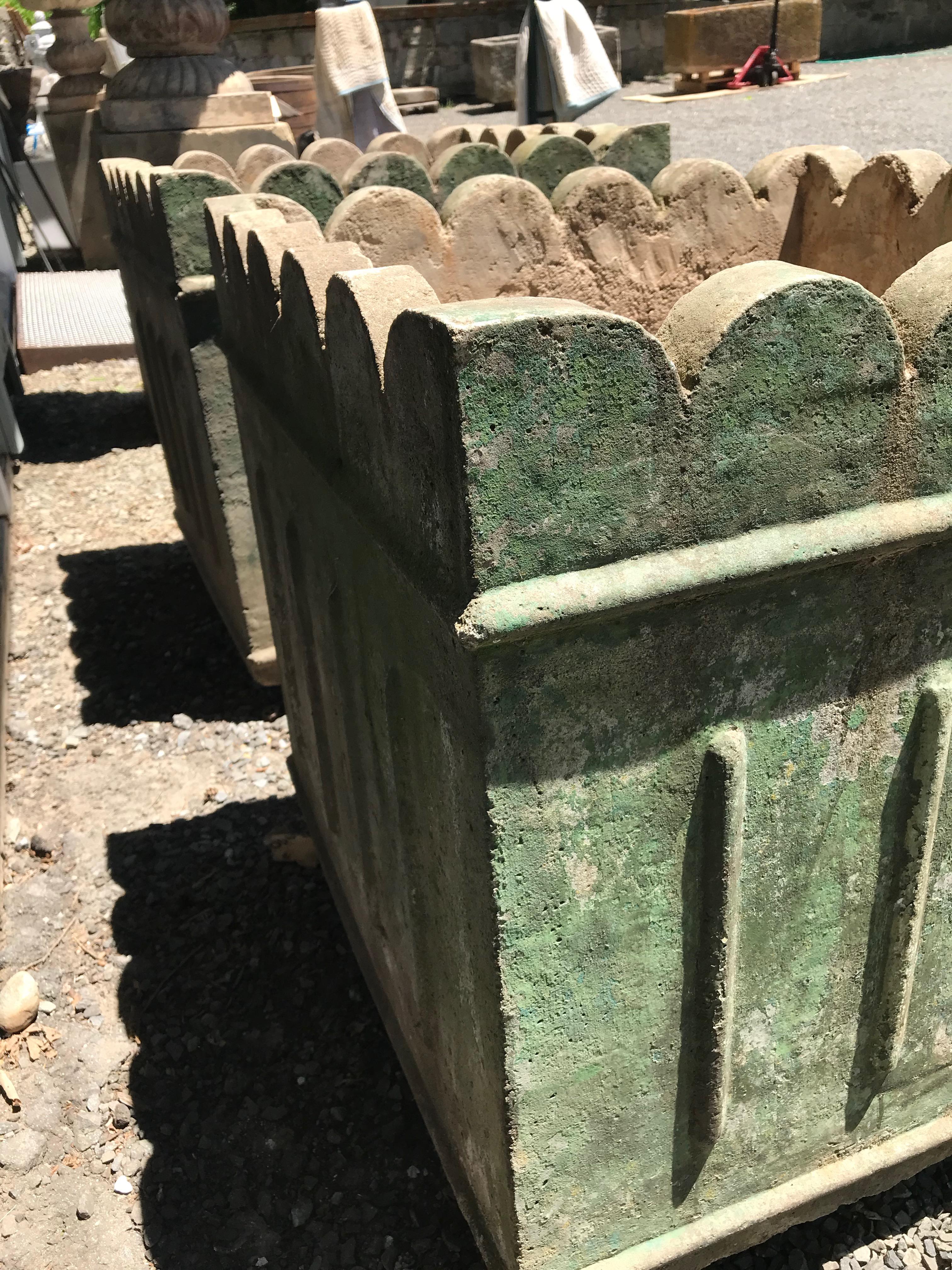 Large Pair of French Scalloped-Top Planters in Old Green Wash 3