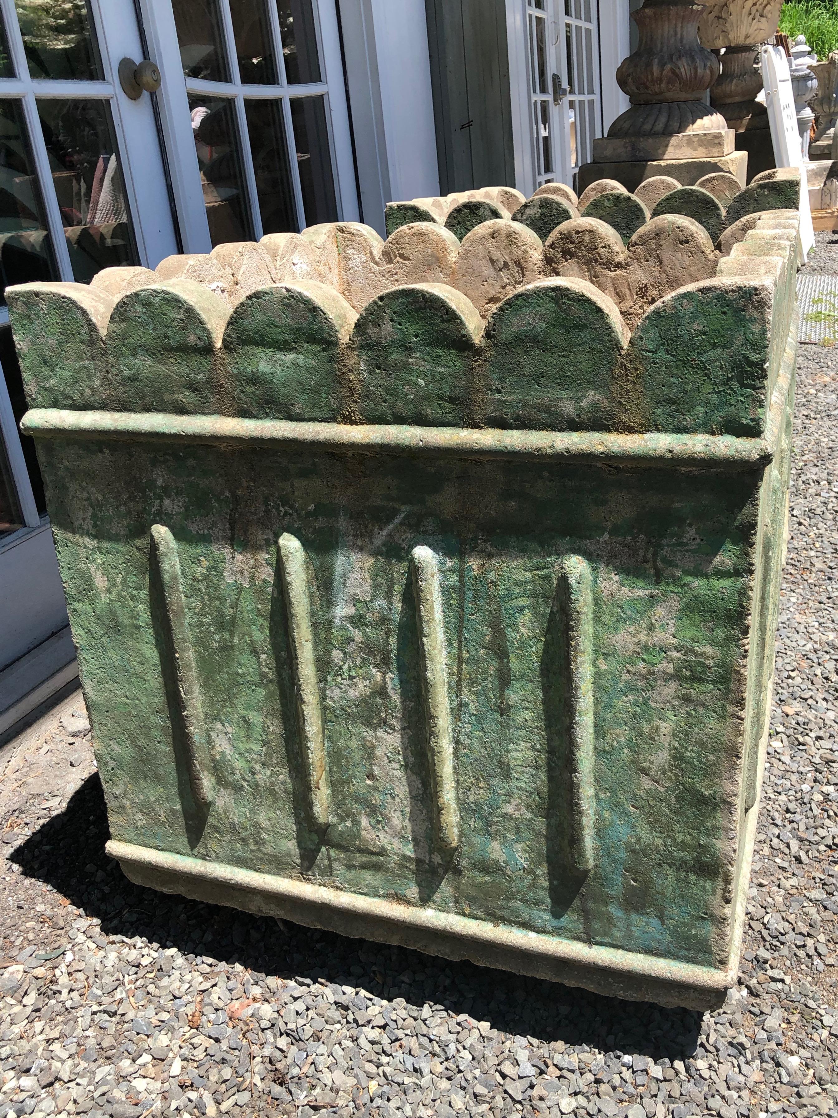 Large Pair of French Scalloped-Top Planters in Old Green Wash 4