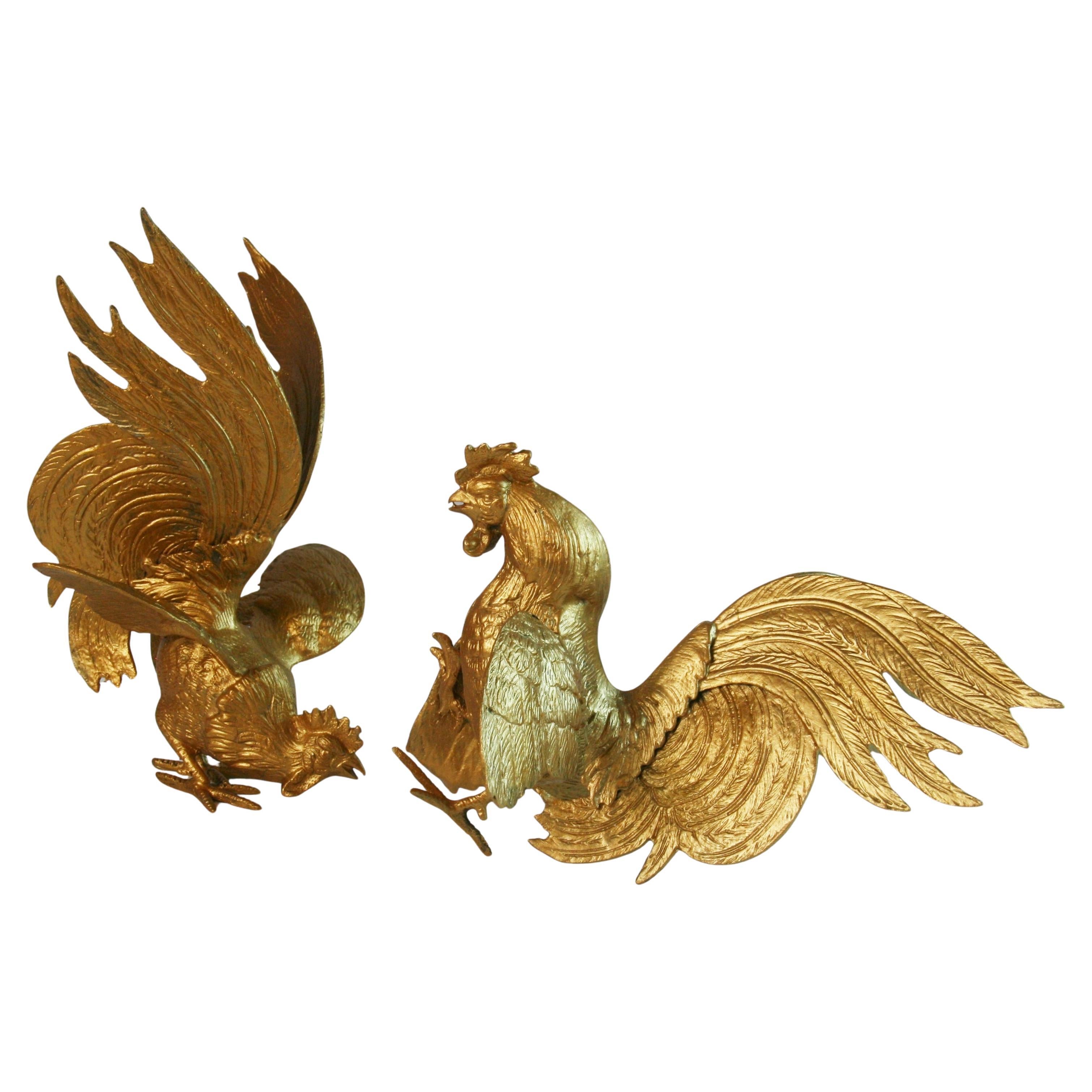 Pair of Antique  Solid Bronze Fighting Cocks or Roosters/BookEnds.Sculptures